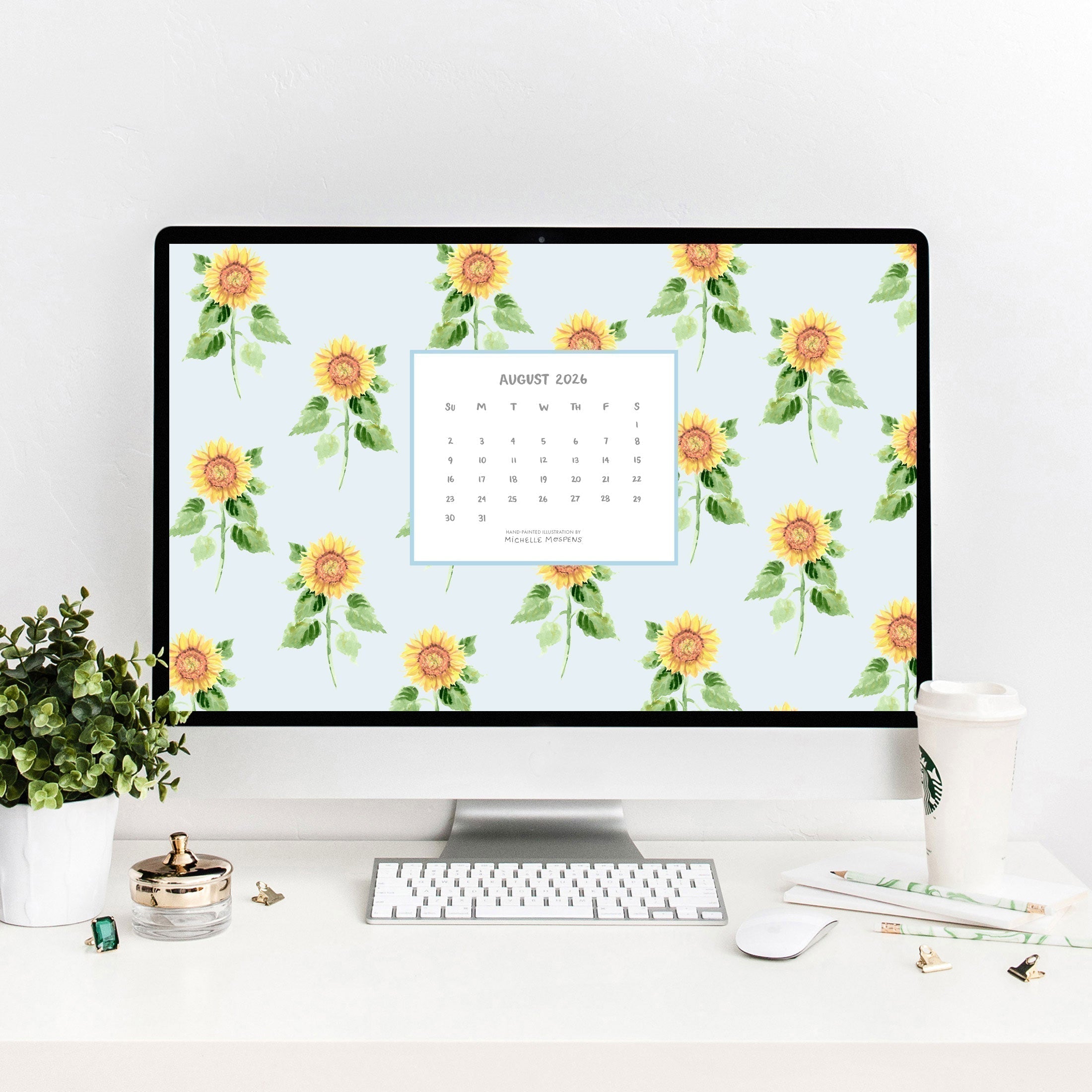 Free August 2026 Wallpapers for Tech | Watercolor Sunflower Backgrounds | Michelle Mospens
