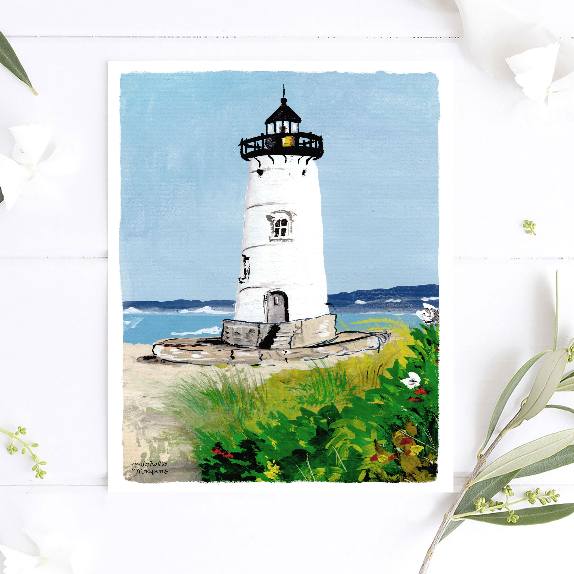 Illustrated Edgartown Harbor Lighthouse Massachusetts Wall Art Print