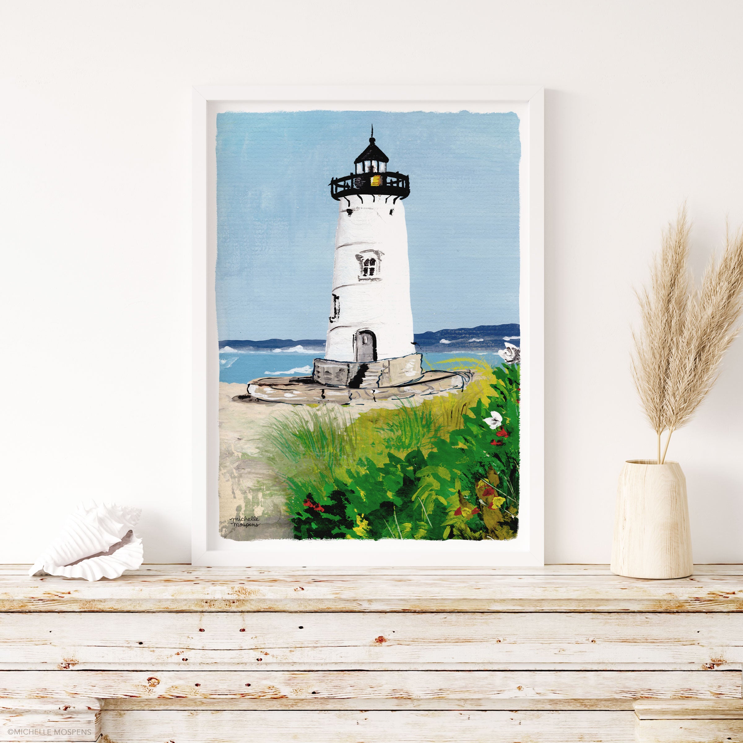 Illustrated Edgartown Harbor Lighthouse Massachusetts Wall Art Print
