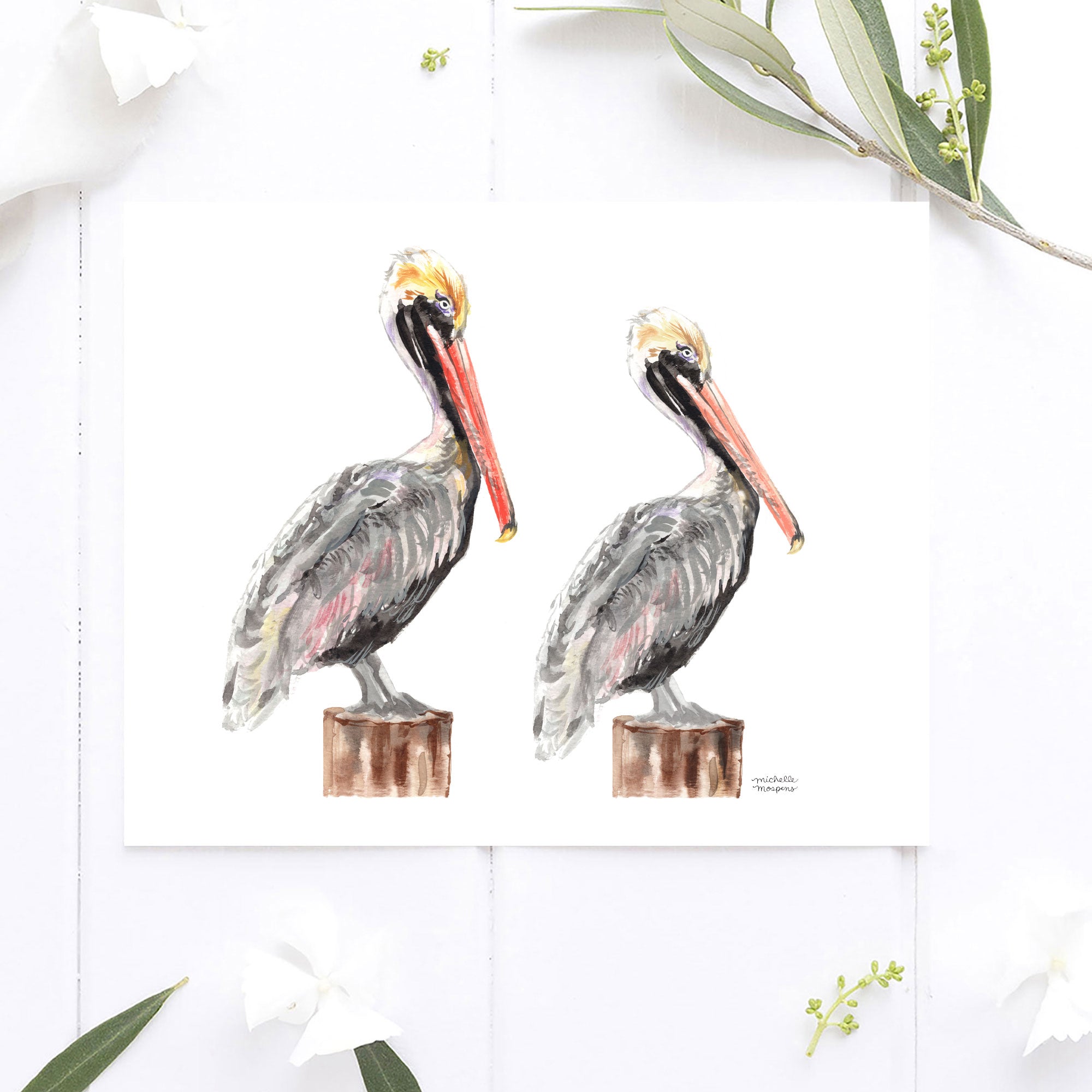Hilton Head Island Pelicans Watercolor Coastal Wall Art Unframed Print