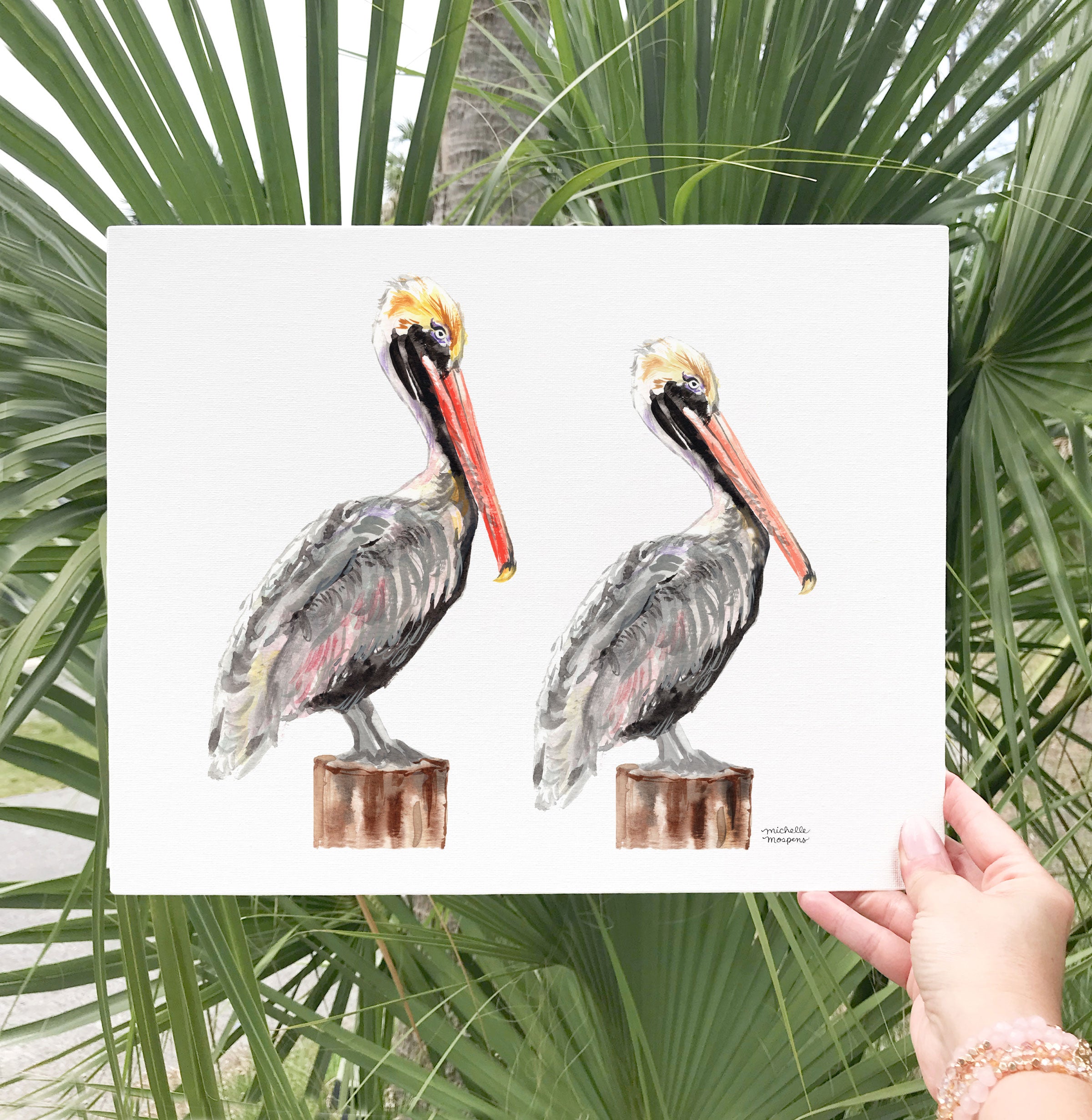 Hilton Head Island Pelicans Watercolor Coastal Wall Art Unframed Print