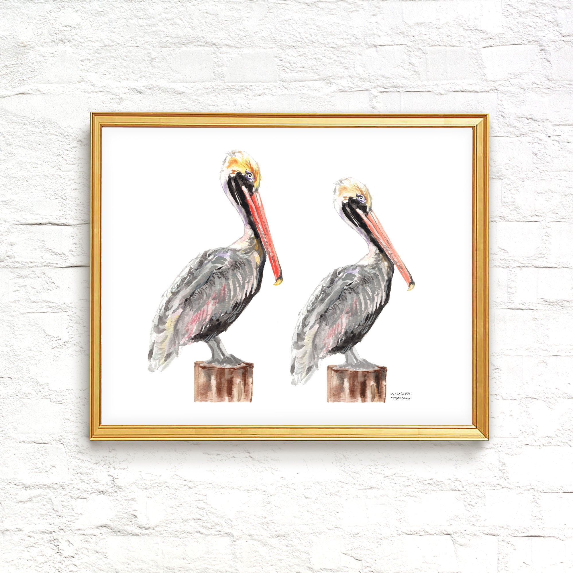 Hilton Head Island Pelicans Watercolor Coastal Wall Art Unframed Print