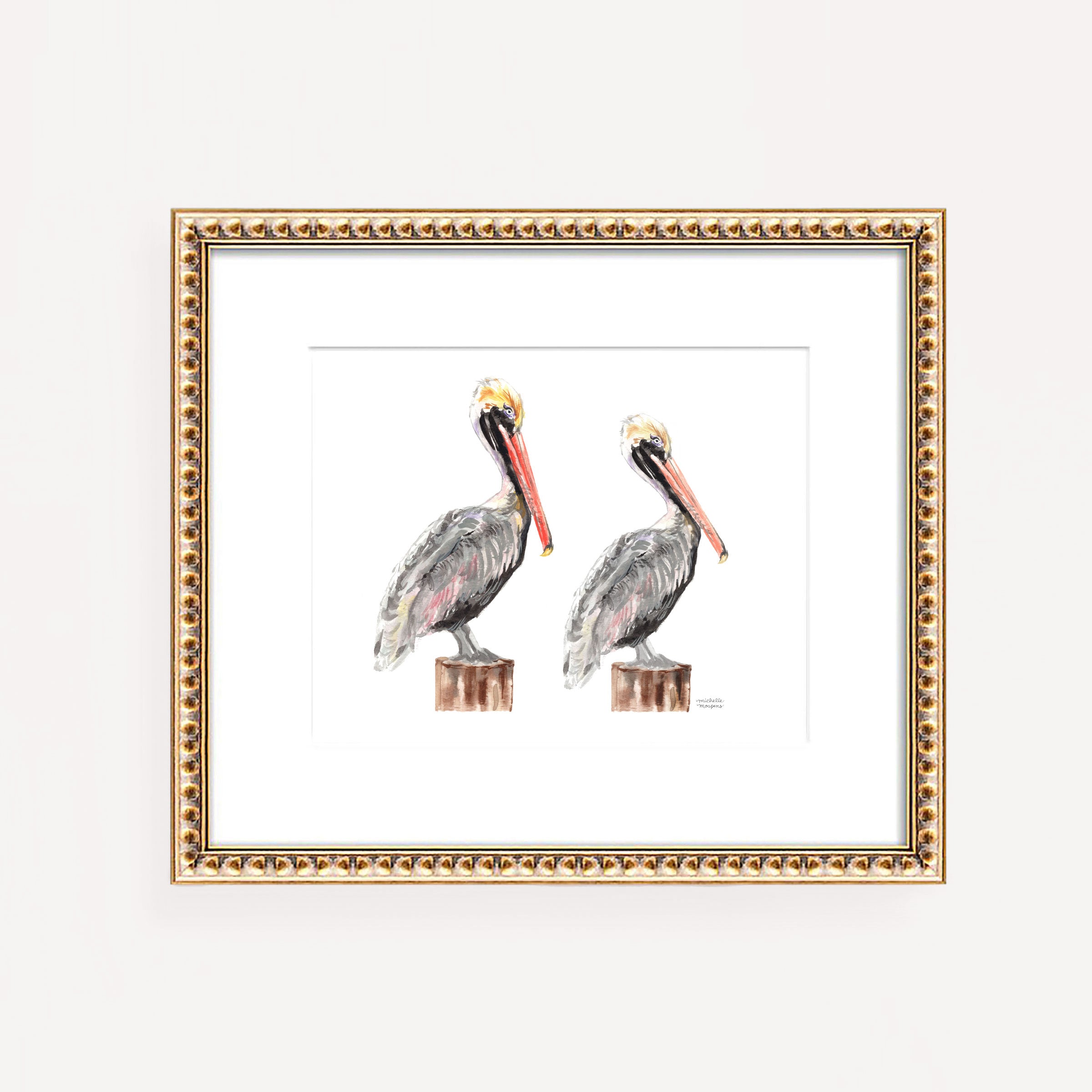 Hilton Head Island Pelicans Watercolor Coastal Wall Art Unframed Print