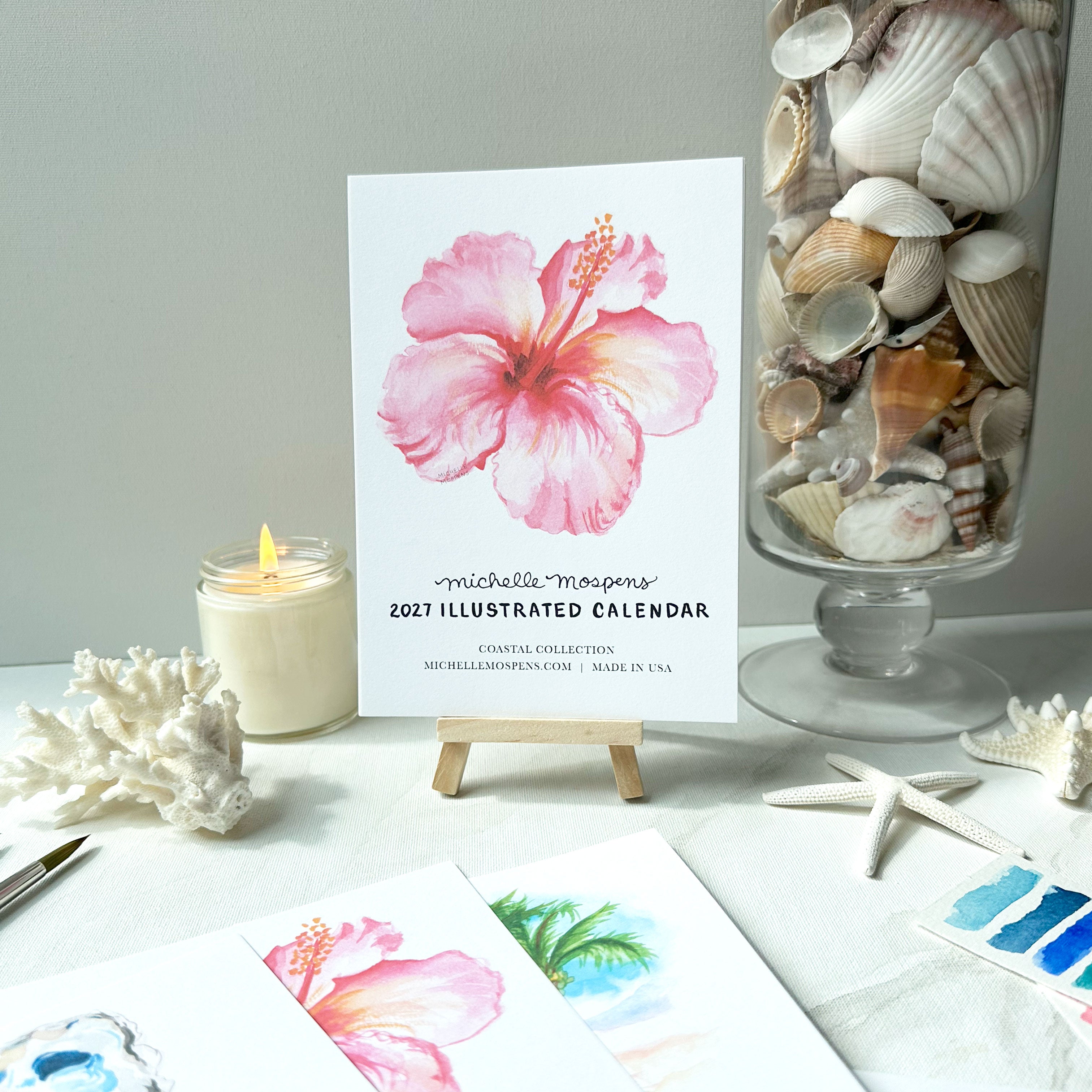 Watercolor Coastal Mini Monthly 2027 Desk Calendar by Michelle Mospens