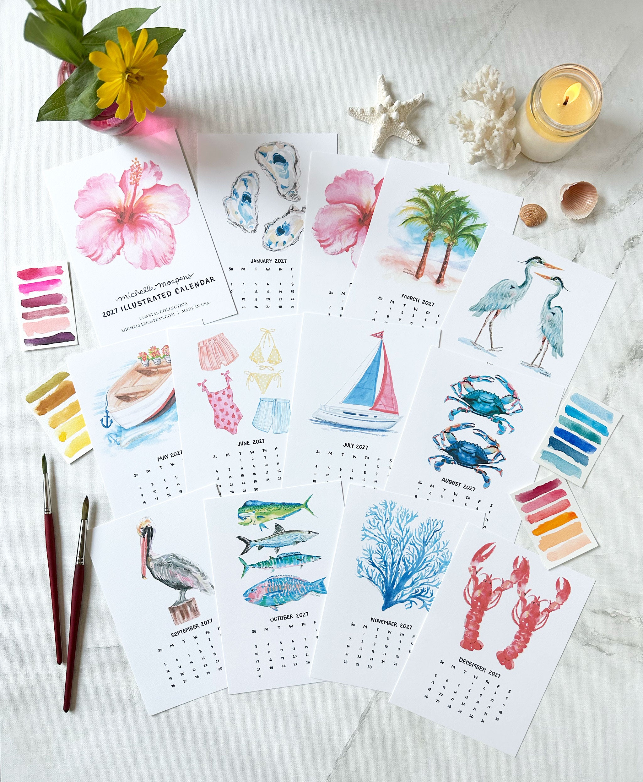 Watercolor Coastal Mini Monthly 2027 Desk Calendar by Michelle Mospens
