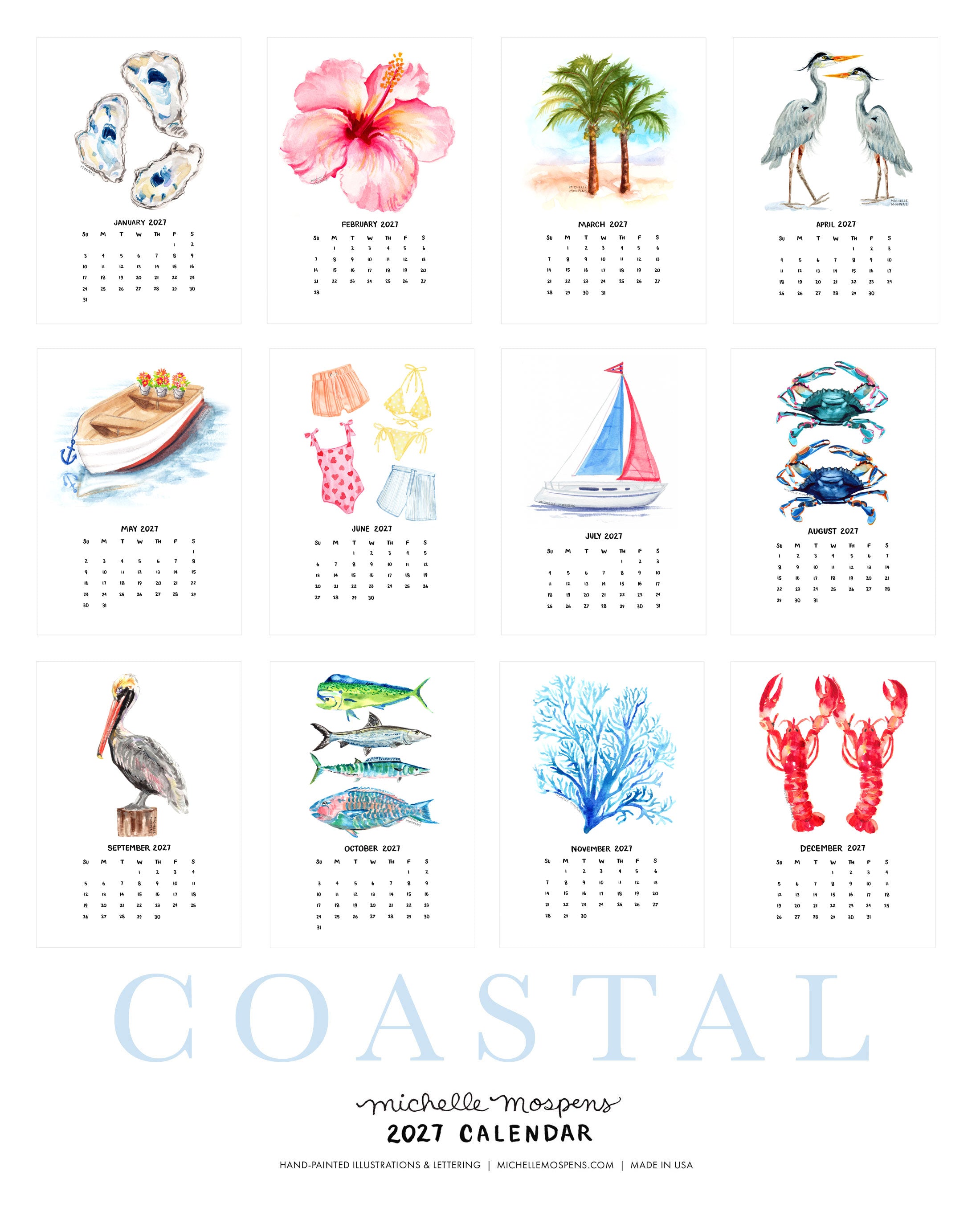Watercolor Coastal Mini Monthly 2027 Desk Calendar by Michelle Mospens