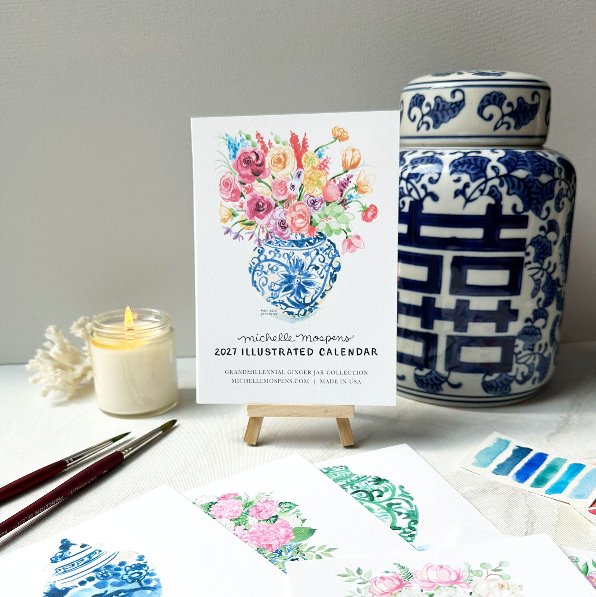 Watercolor Grandmillennial Ginger Jars Mini Monthly 2027 Desk Calendar by Michelle Mospens