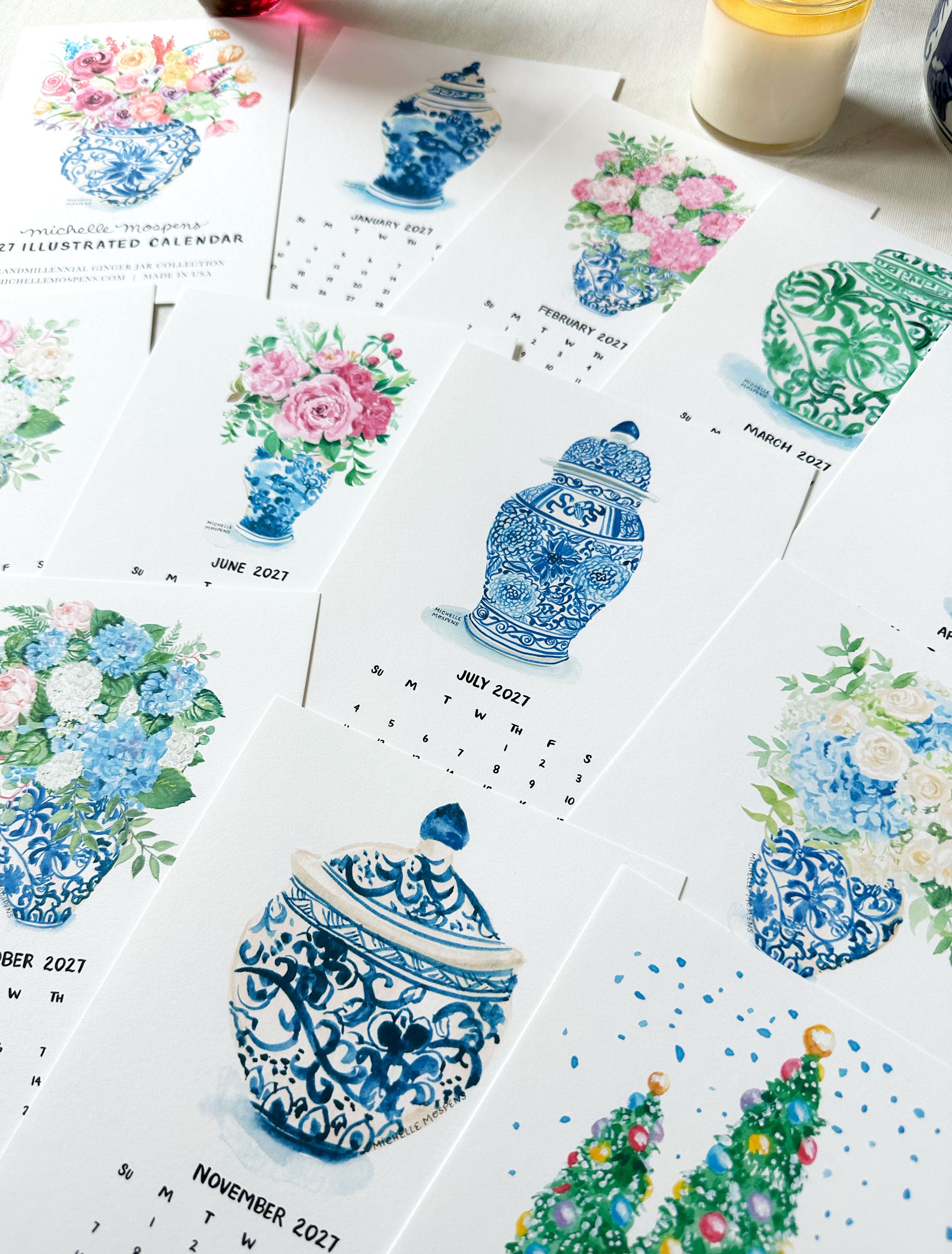 Watercolor Grandmillennial Ginger Jars Mini Monthly 2027 Desk Calendar by Michelle Mospens