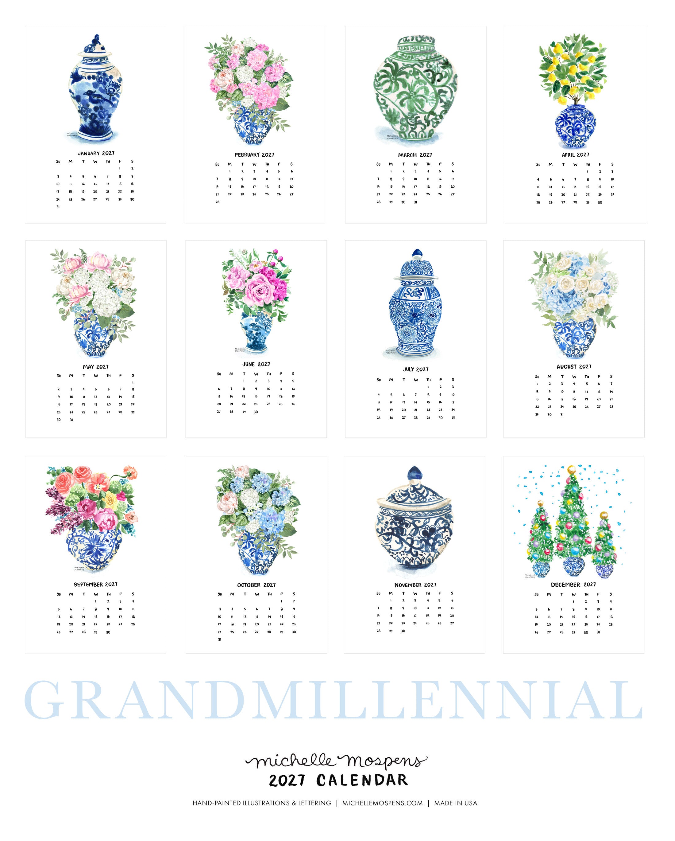 Watercolor Grandmillennial Ginger Jars Mini Monthly 2027 Desk Calendar by Michelle Mospens