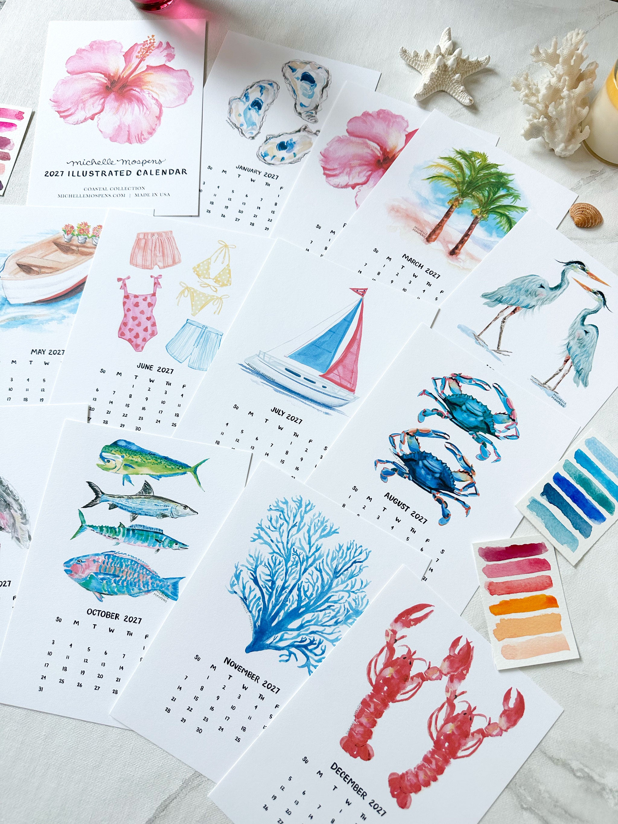 Watercolor Coastal Mini Monthly 2027 Desk Calendar by Michelle Mospens
