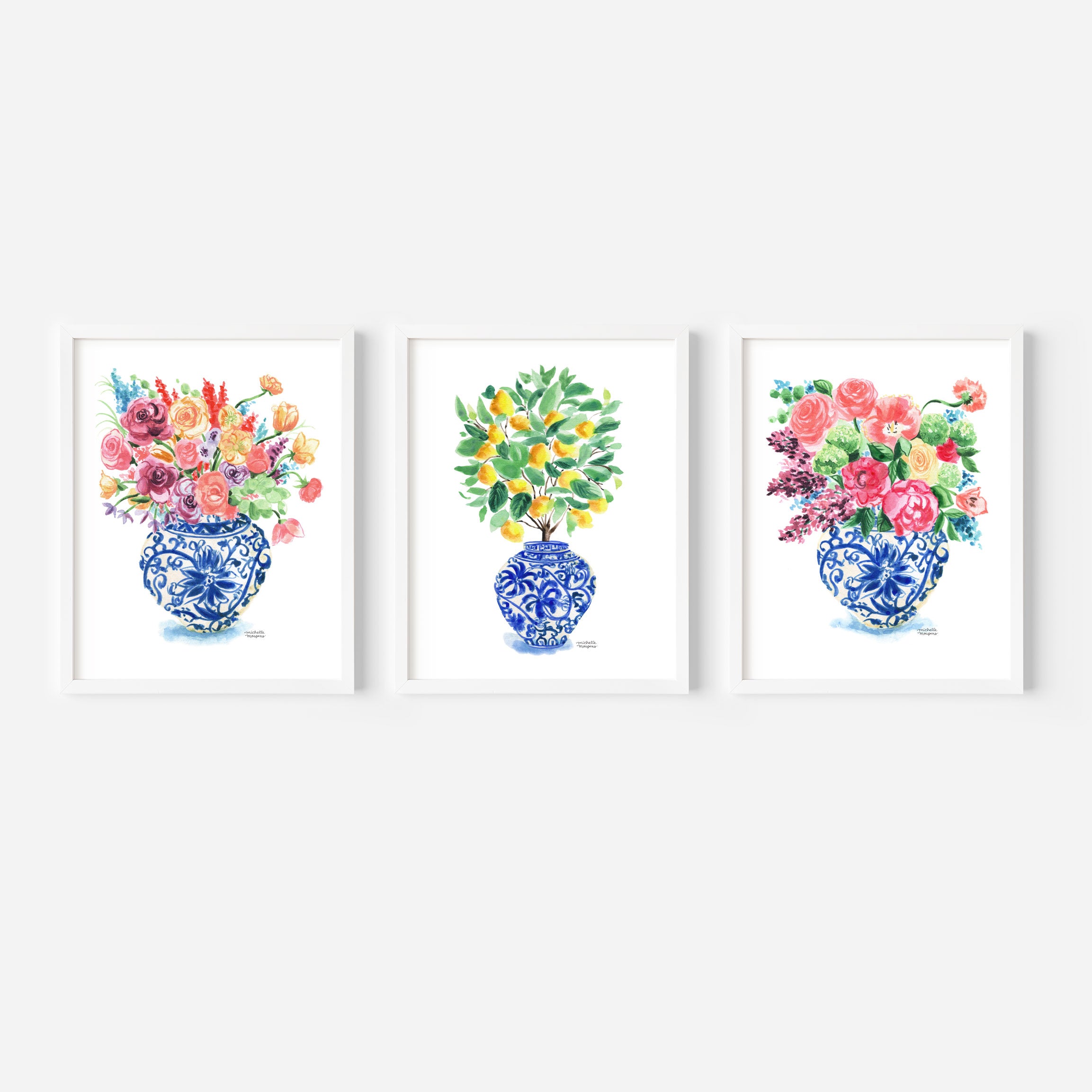 Ginger Jar Bouquets Trio Watercolor Prints Set of 3 Colorful Grandmillennial Floral Home Decor