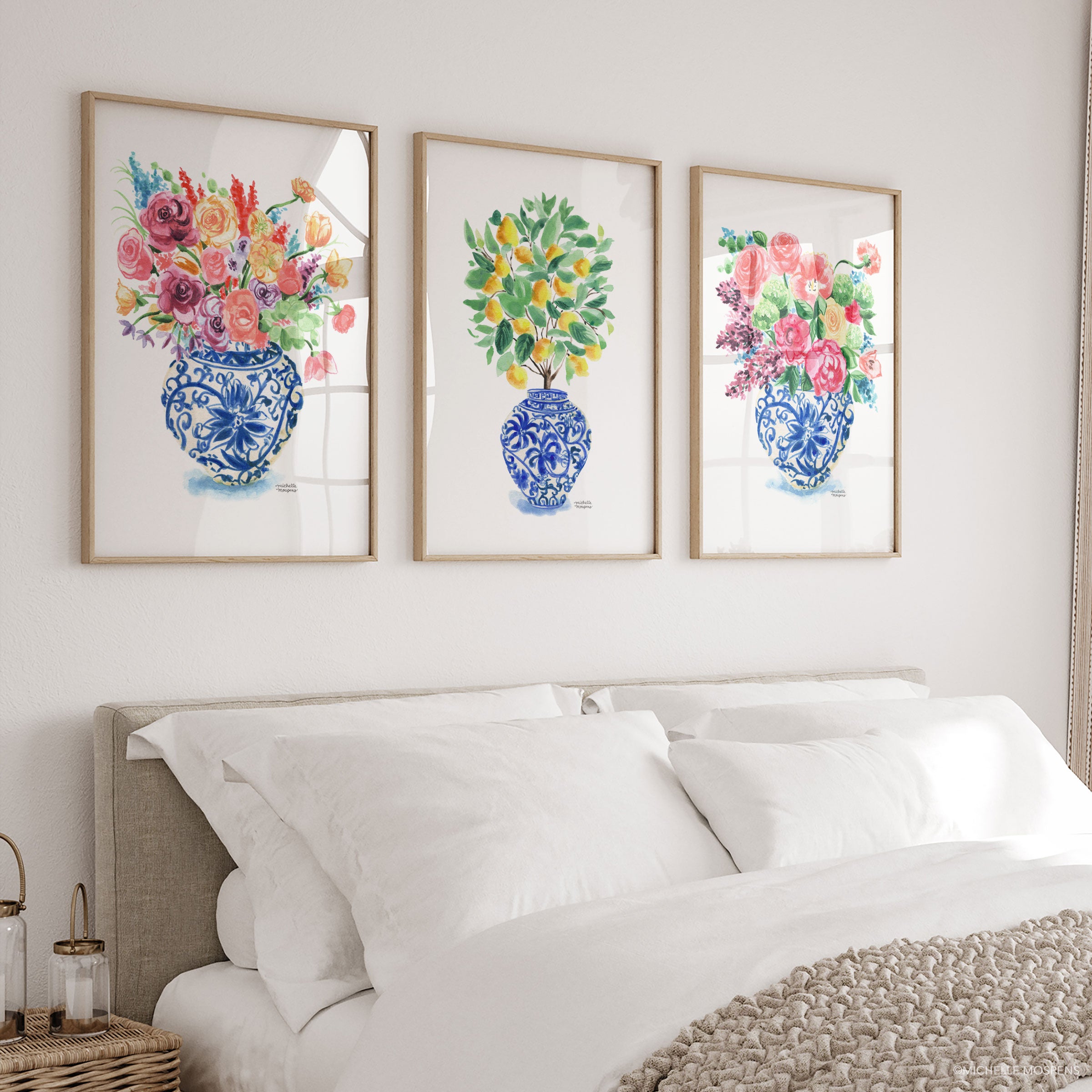 Ginger Jar Bouquets Trio Watercolor Prints Set of 3 Colorful Grandmillennial Floral Home Decor