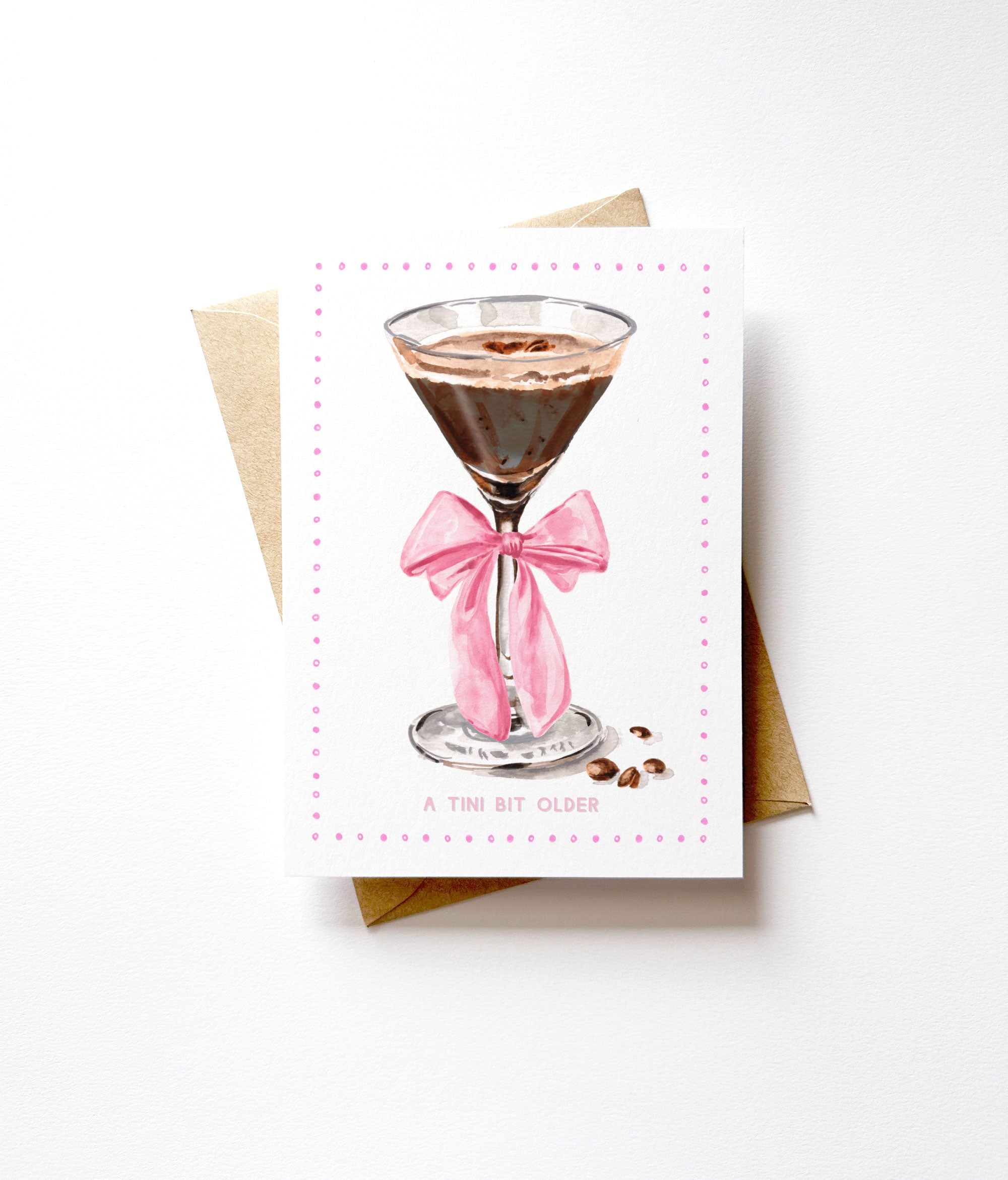 A Tini Bit Older Watercolor Espresso Martini Pink Bow Birthday Card by Michelle Mospens