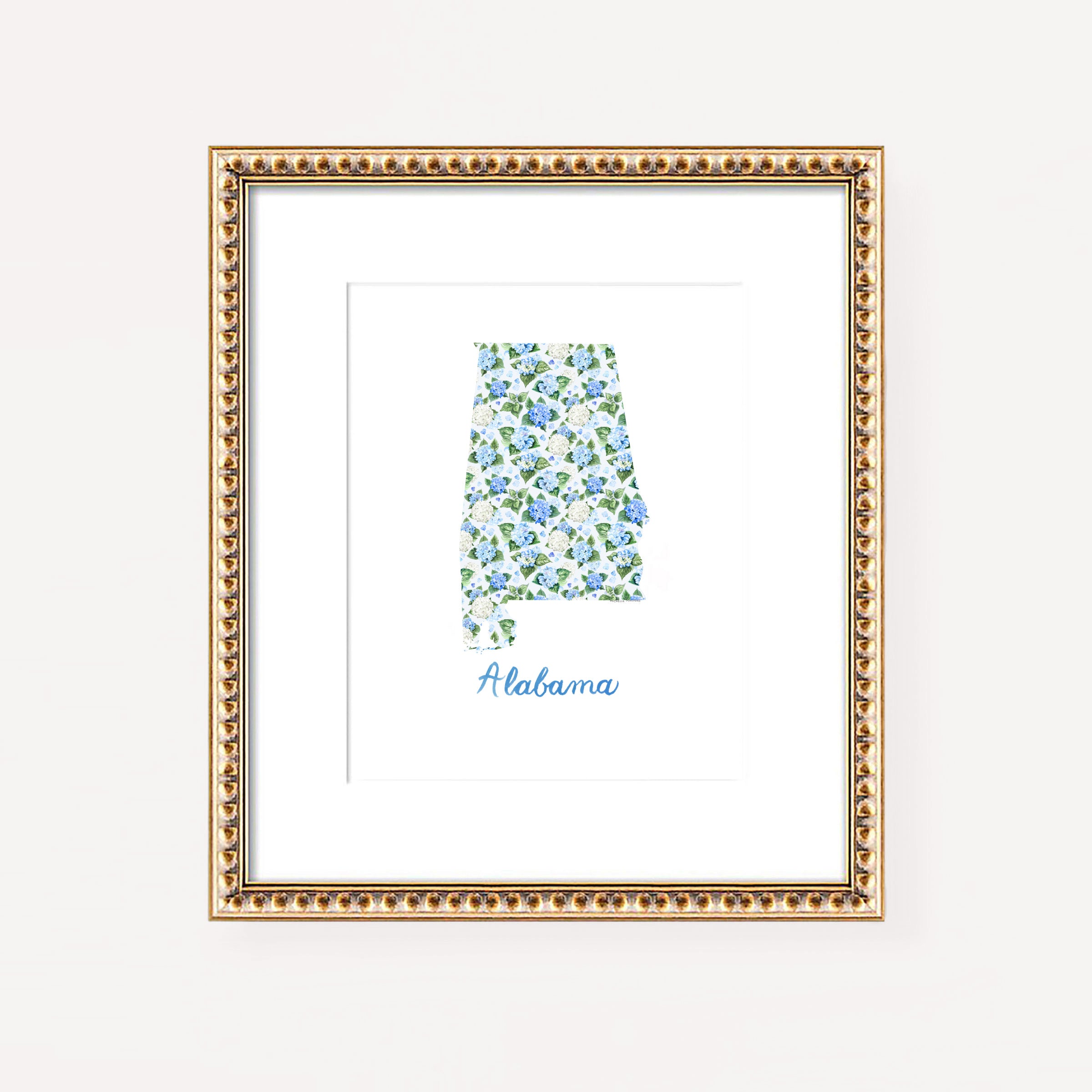 Watercolor hydrangea floral map of Alabama on a white coverstock, unframed, cute Alabama gift