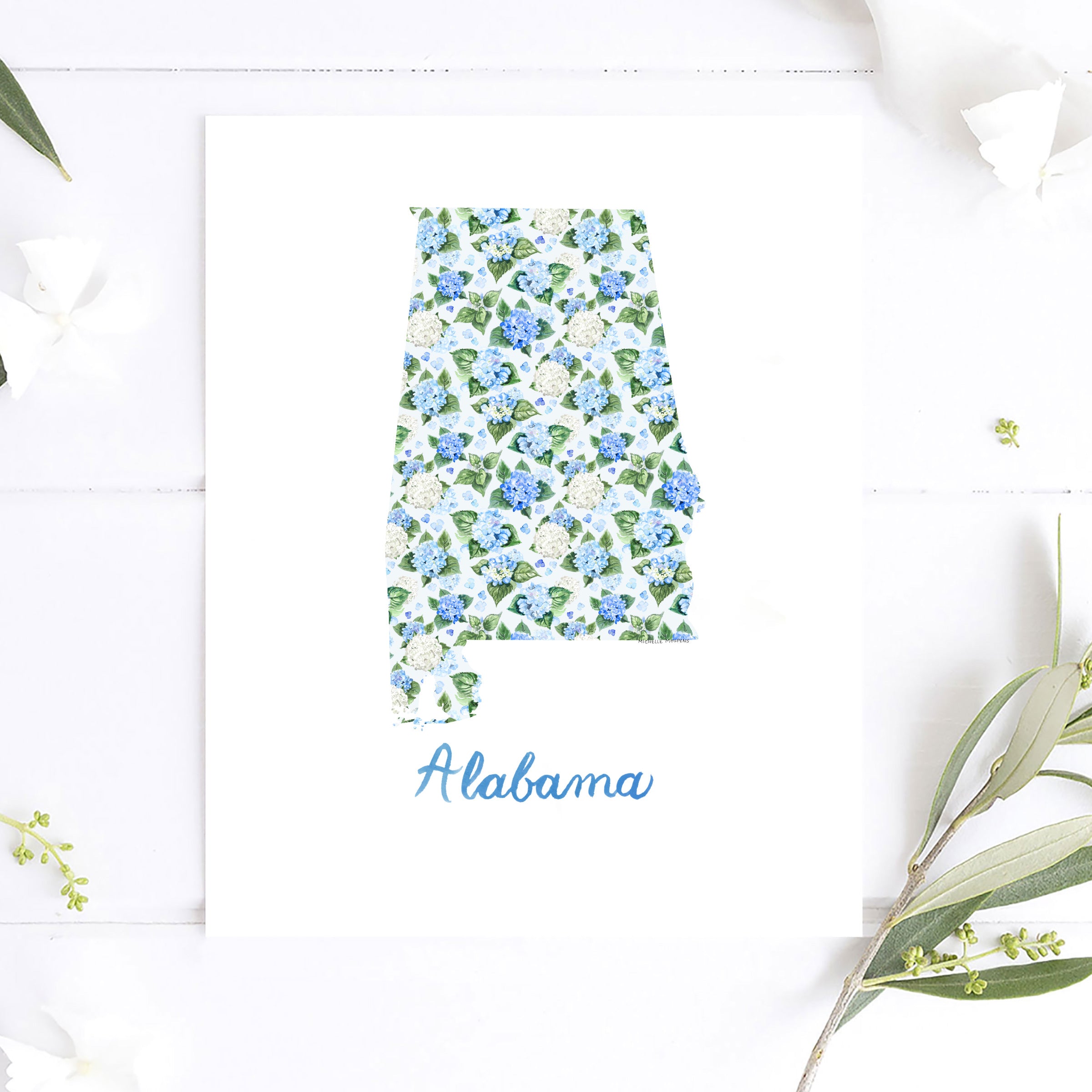 Watercolor hydrangea floral map of Alabama on a white coverstock, unframed, cute Alabama gift