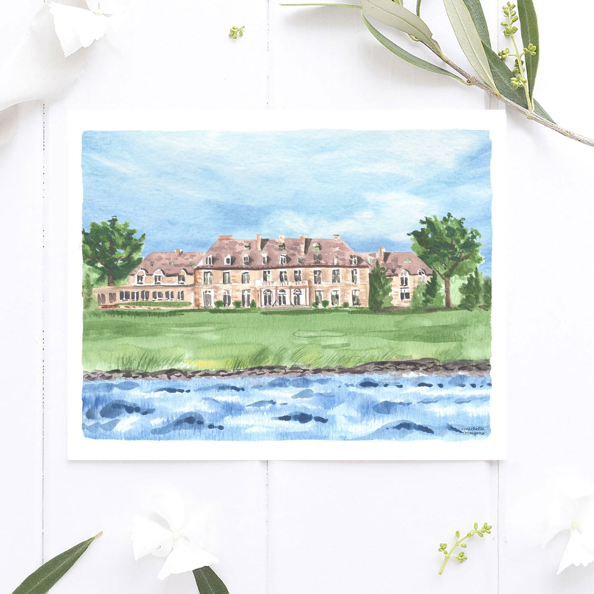 Aldrich Mansion Warwick Rhode Island Watercolor Wall Art Print by Michelle Mospens
