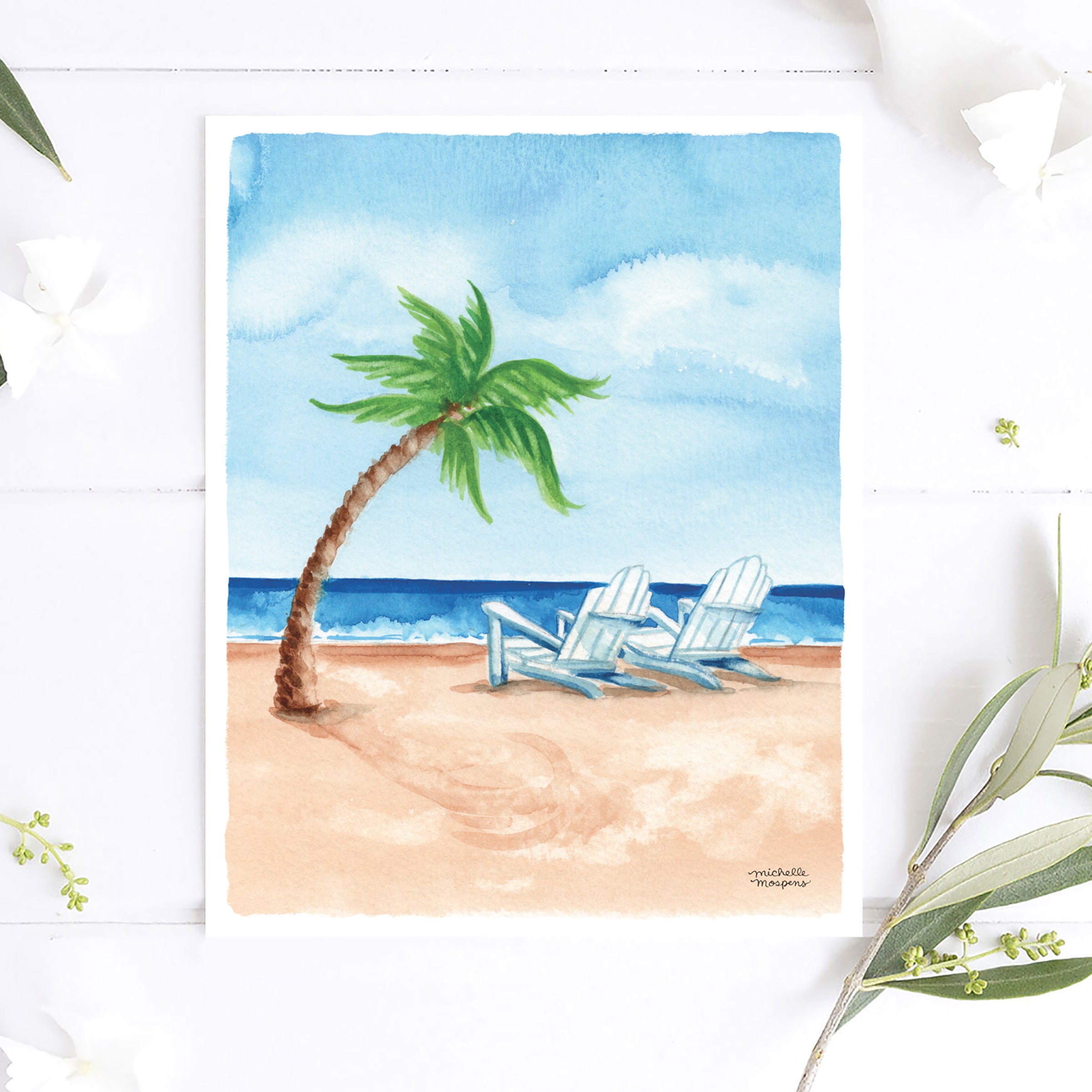 Watercolor Beach Scene Seaside Ocean Palm Tree Coastal Wall Art Print - Michelle Mospens