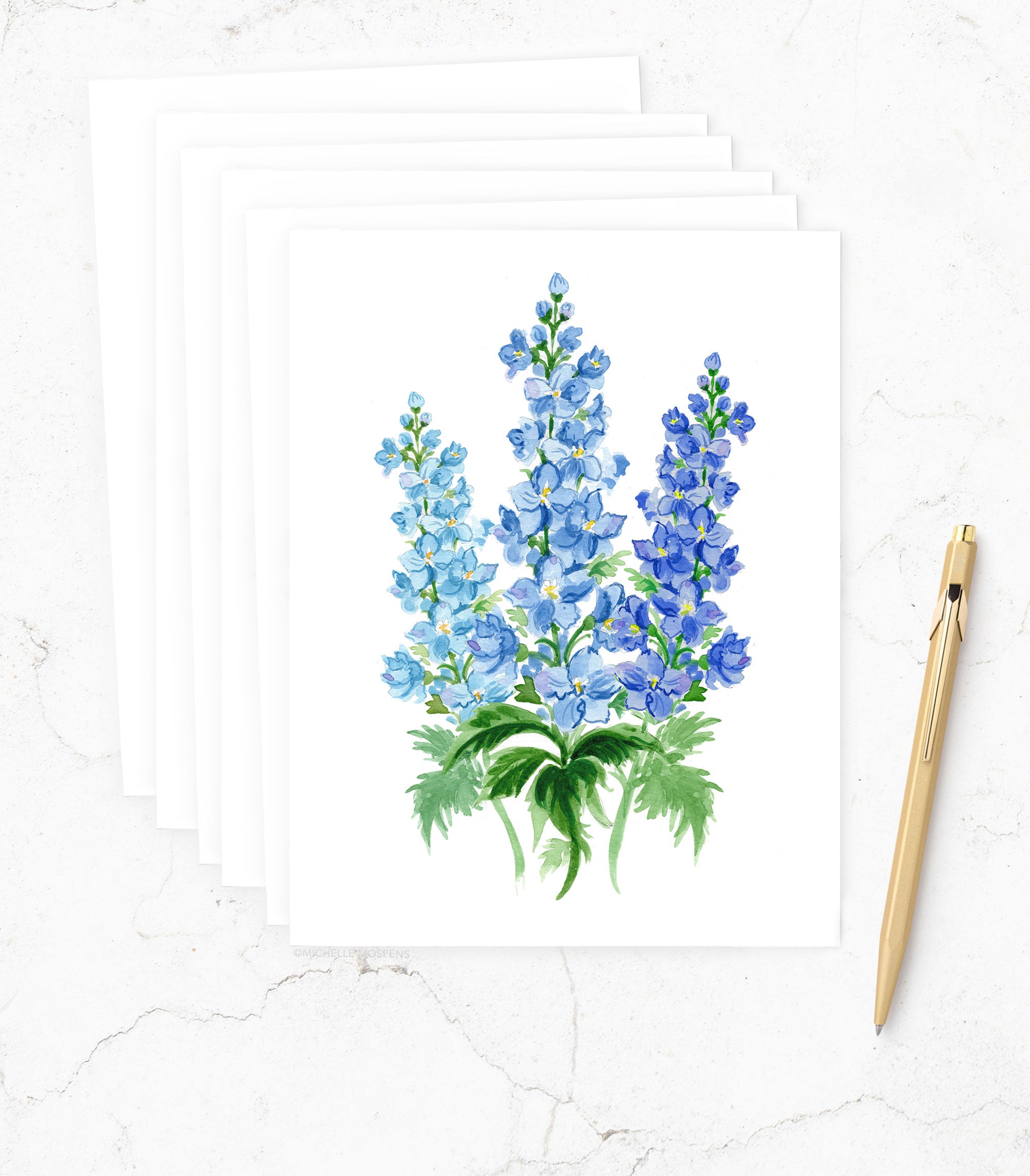 Botanical Watercolor Delphinium Notecards, July Birth Flower Stationery | Michelle Mospens