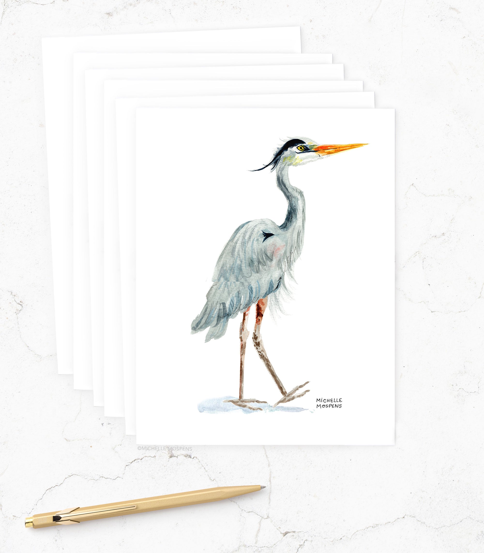 Set of Illustrated Blue Heron Note Cards: Watercolor Blue Heron Beach Stationery Notecards (Stationary) | Gifts for mom, dad, teacher