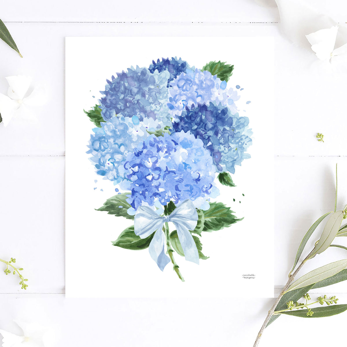 Watercolor Blue Hydrangea Bouquet with Bow Wall Art Print | Michelle Mospens