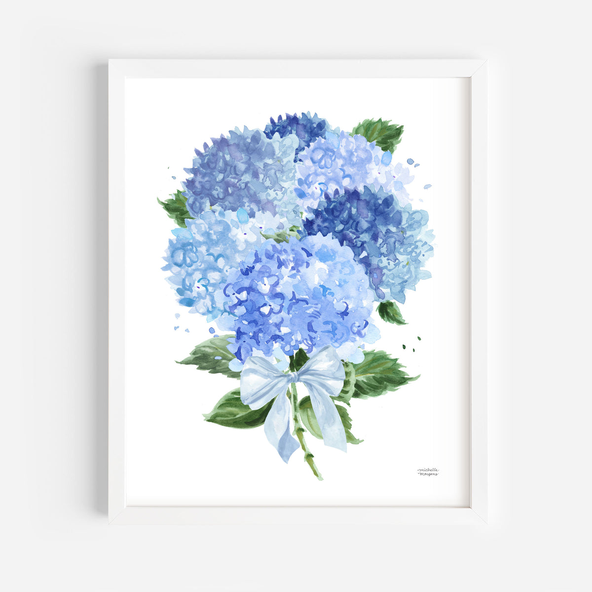 Watercolor Blue Hydrangea Bouquet with Bow Wall Art Print | Michelle Mospens