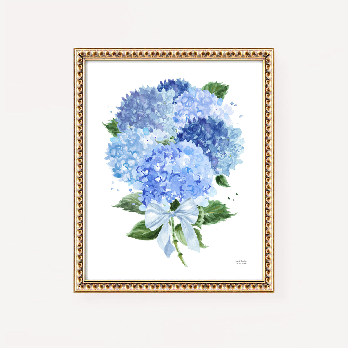 Watercolor Blue Hydrangea Bouquet with Bow Wall Art Print | Michelle Mospens