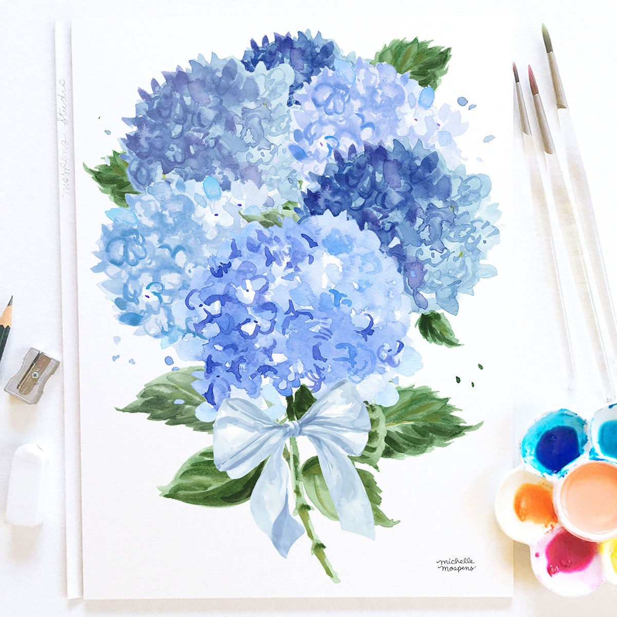 Watercolor Blue Hydrangea Bouquet with Bow Wall Art Print | Michelle Mospens