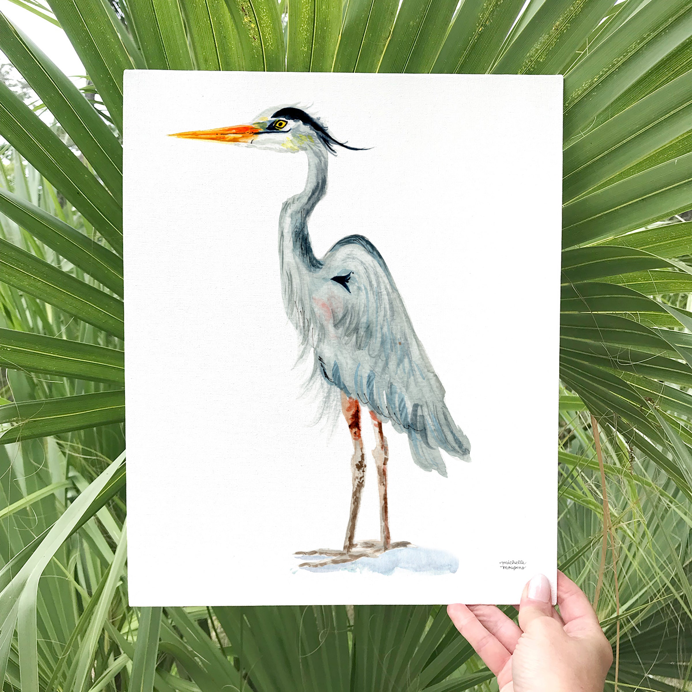 Watercolor Coastal Great Blue Heron Beach Bird Wall Art Print by Michelle Mospens