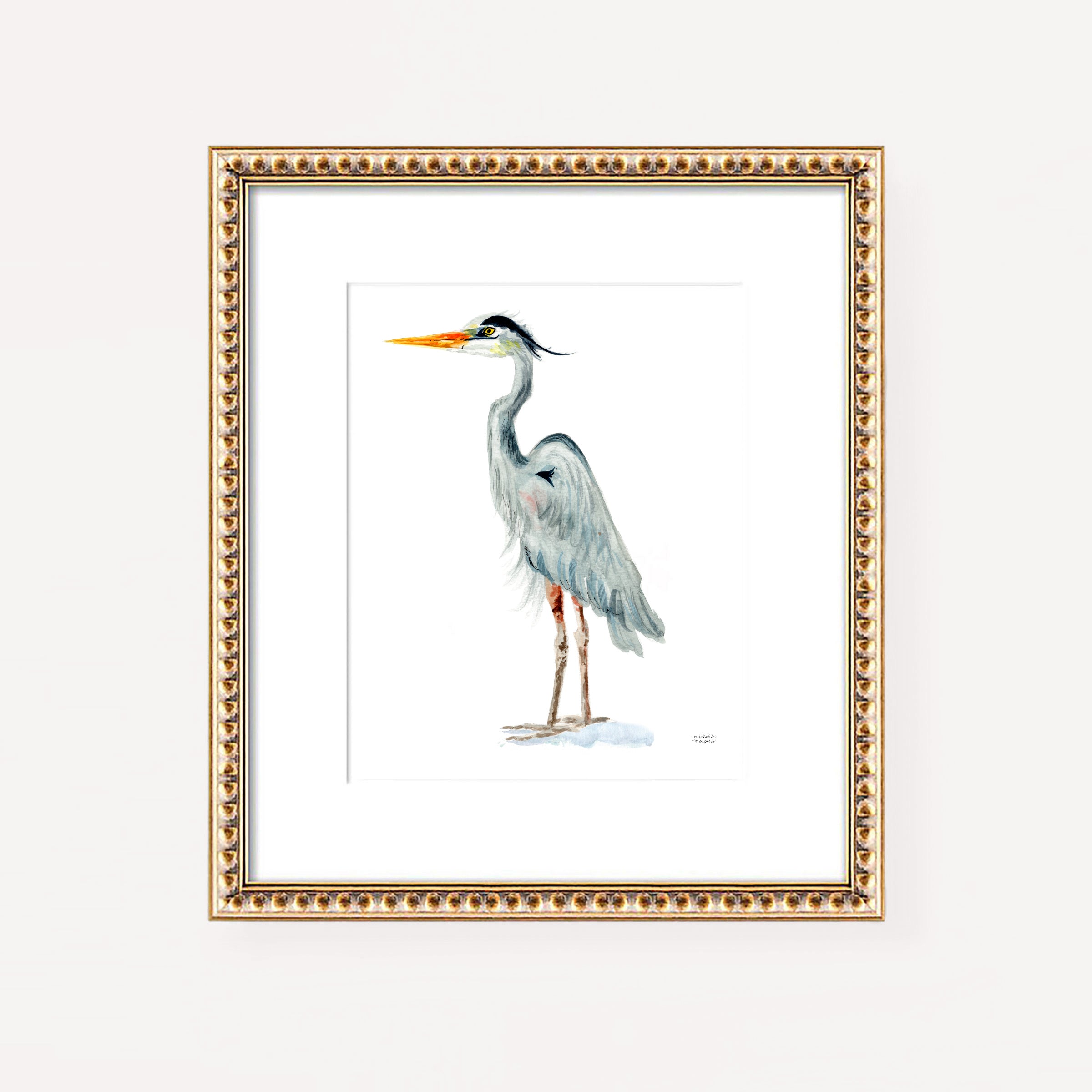Watercolor Coastal Great Blue Heron Beach Bird Wall Art Print by Michelle Mospens