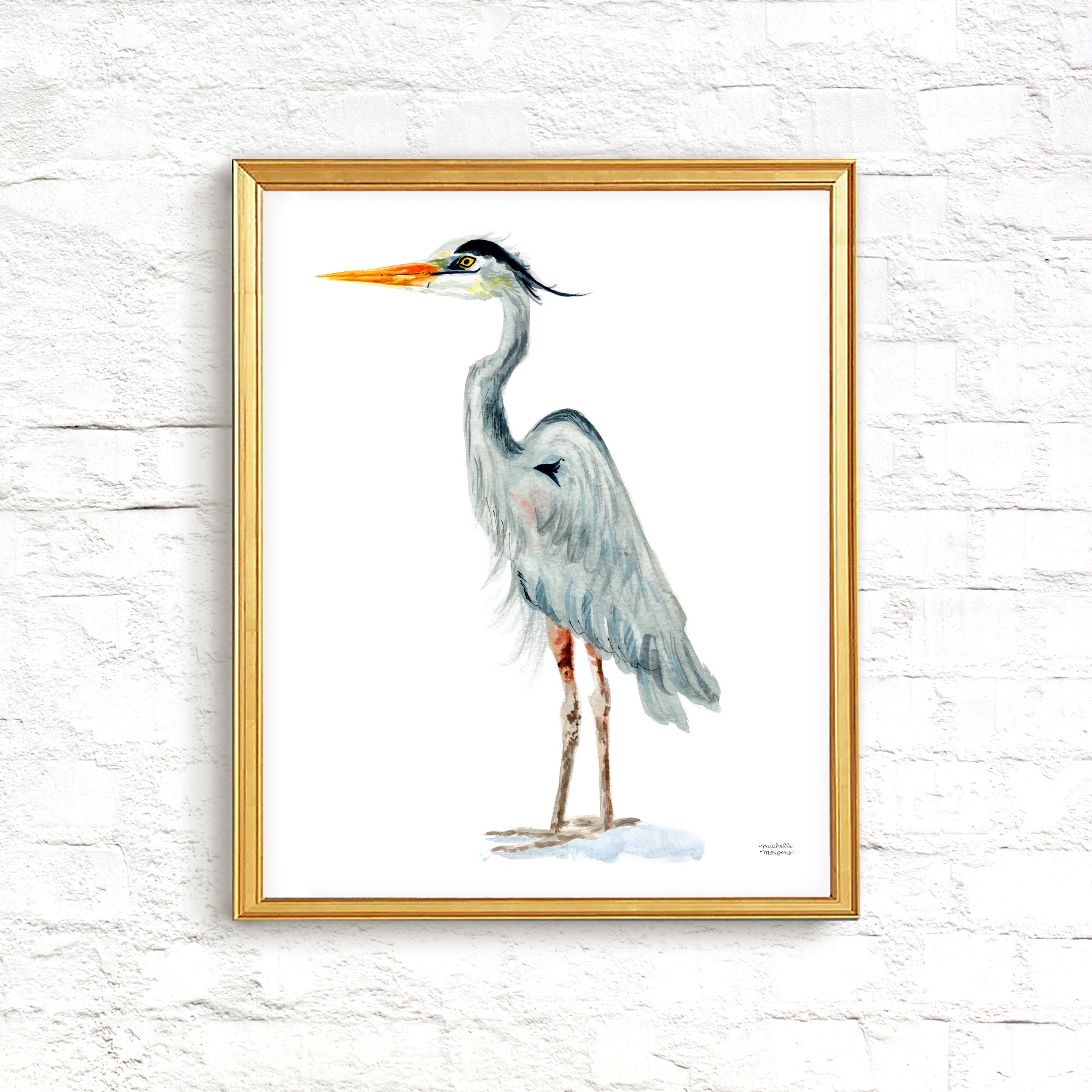 Watercolor Coastal Great Blue Heron Beach Bird Wall Art Print by Michelle Mospens