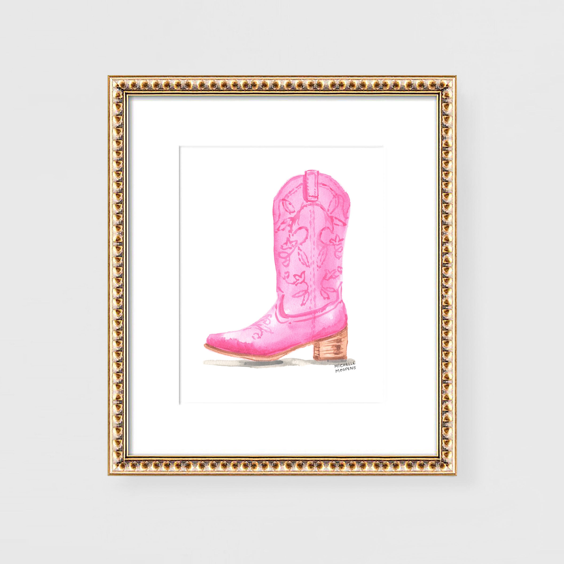 Cute Cowgirl Boot Art Print, Coastal Cowgirl Bedroom Wall Art, Pink Cowgirl Bedroom Decor