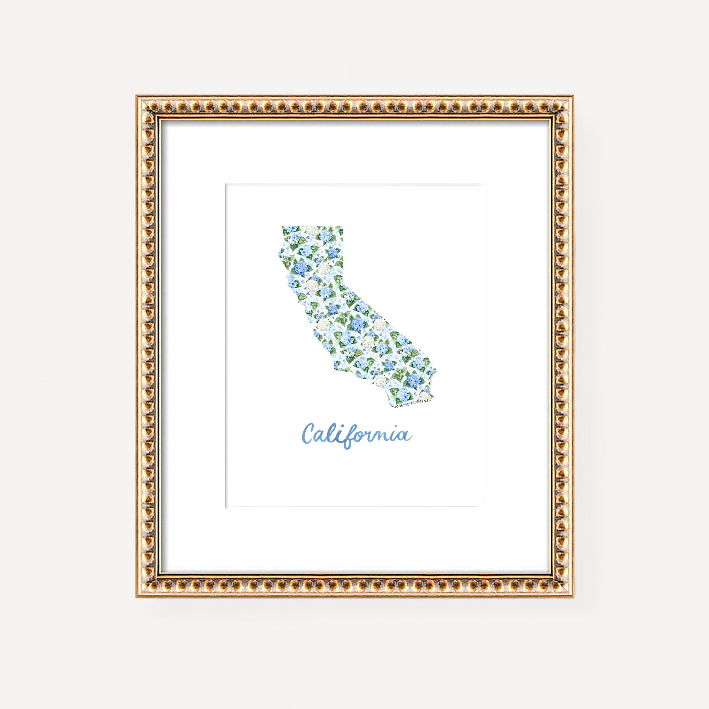 Watercolor hydrangea floral map of California on a white coverstock, unframed, cute California gift
