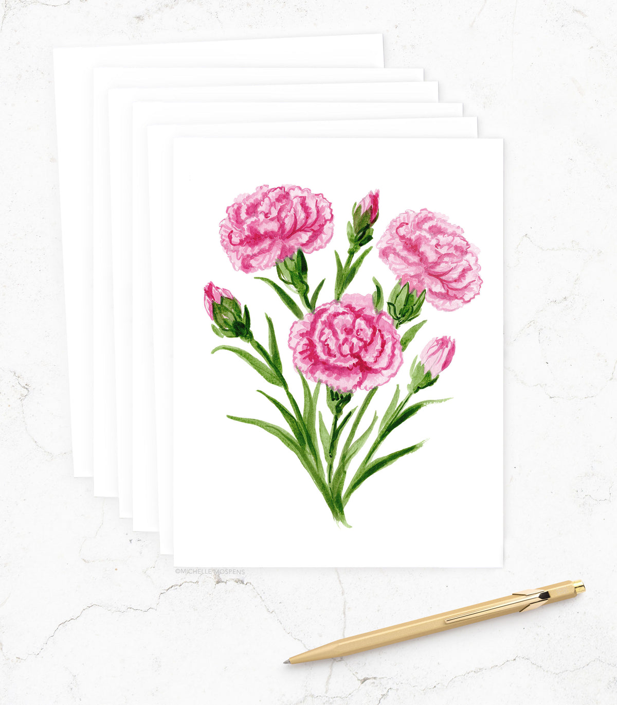 Watercolor Carnation Floral Notecard Set, January Birth Flower | Michelle Mospens