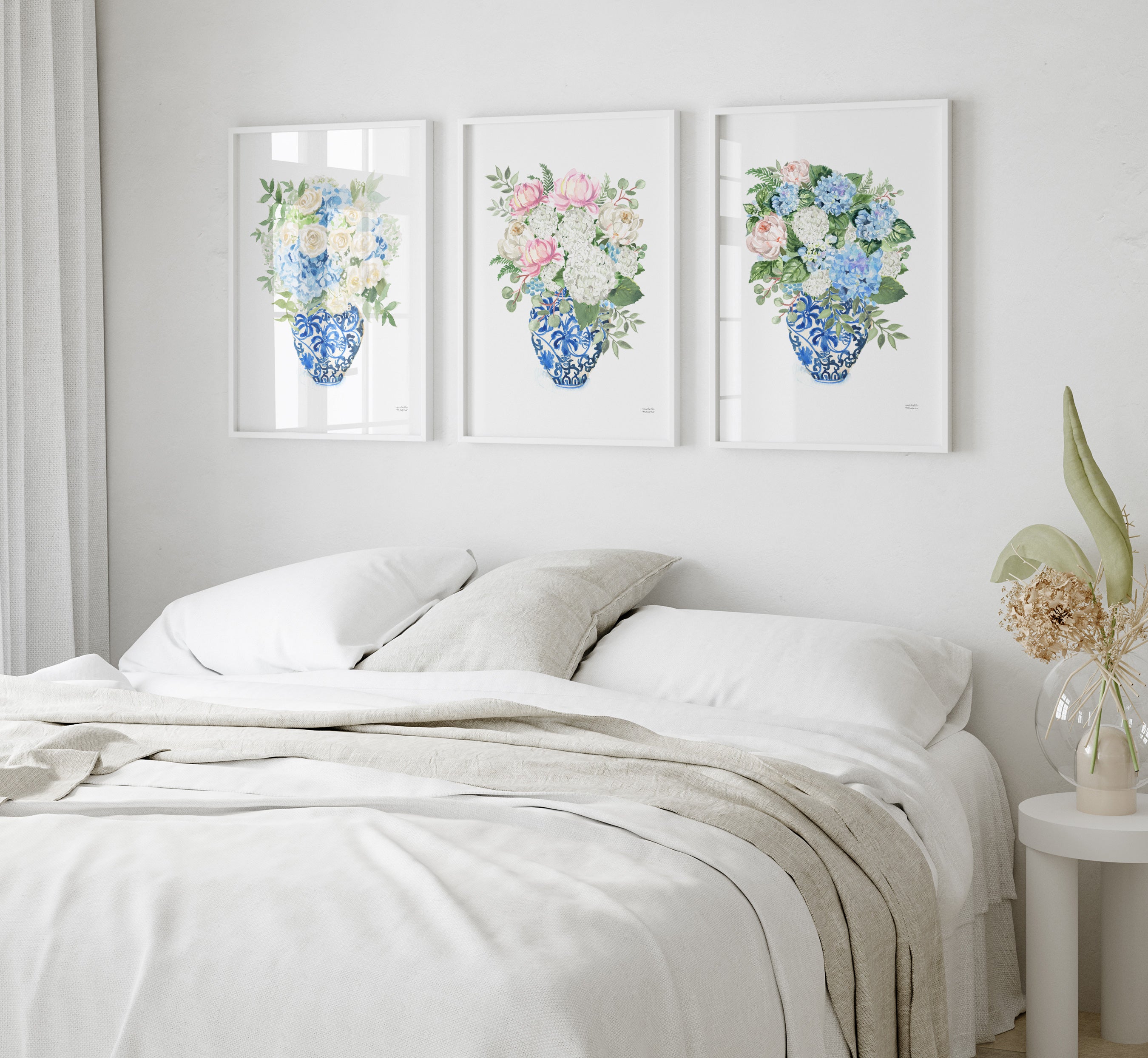 Chinoiserie Bedroom Wall Art, Floral Hydrangea Bedroom Decor, Ginger Jar Botanical Print