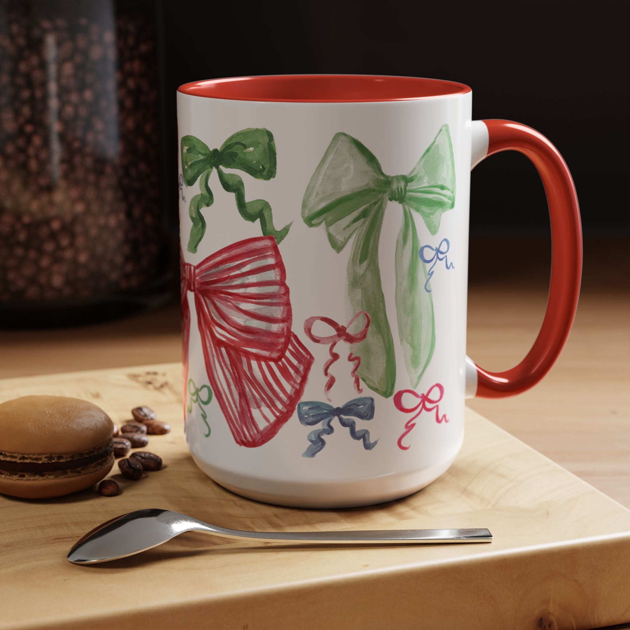 Christmas Bows Watercolor Coffee Mug 15oz | Cute Coquette Christmas Mug Gift