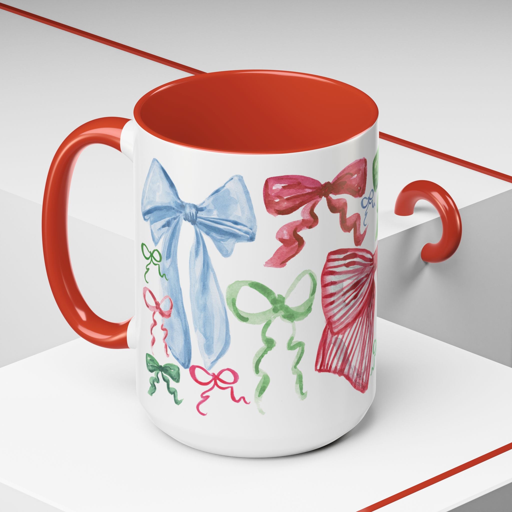 Christmas Bows Watercolor Coffee Mug 15oz | Cute Coquette Christmas Mug Gift