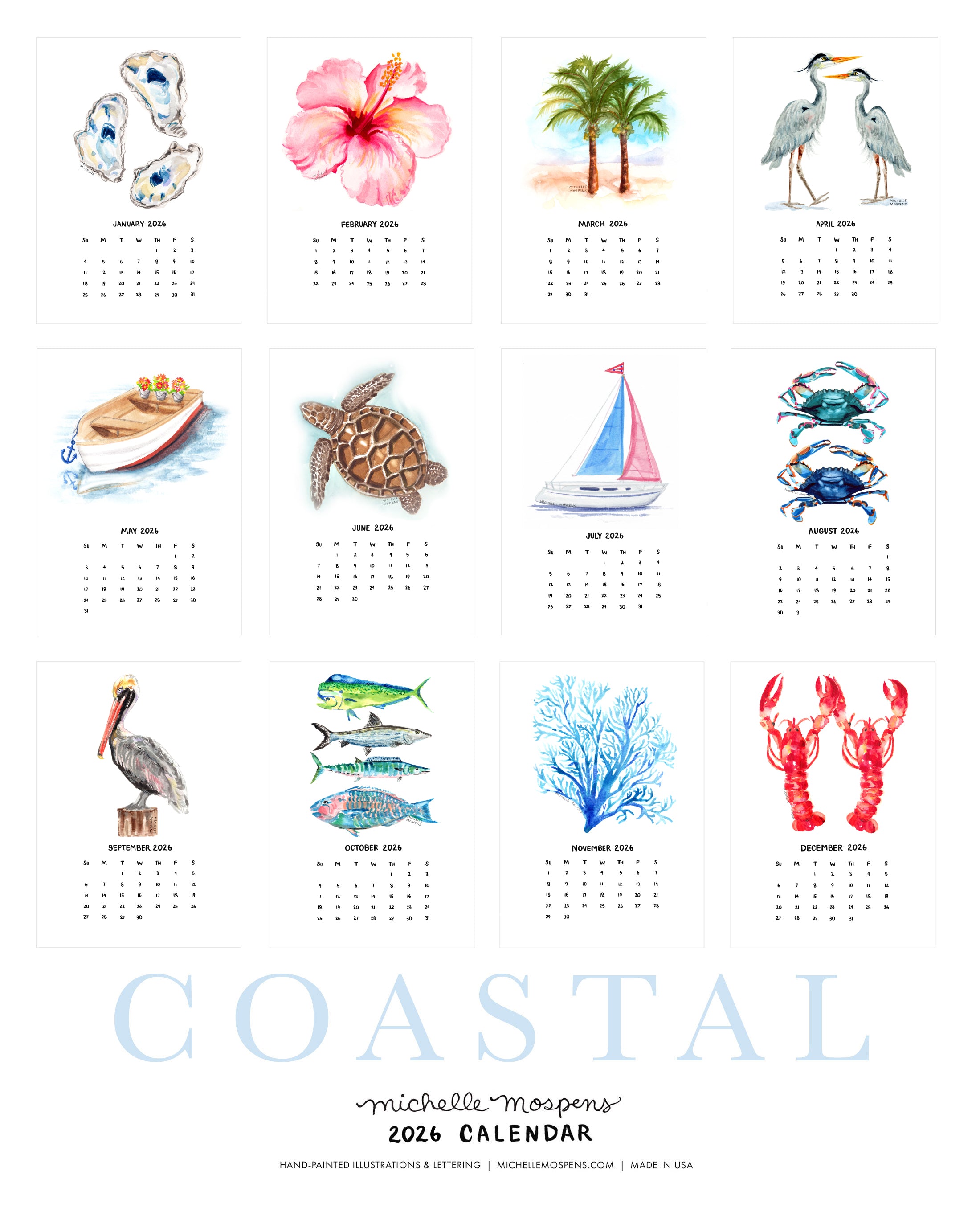 Watercolor Coastal Mini Monthly 2026 Desk Calendar by Michelle Mospens