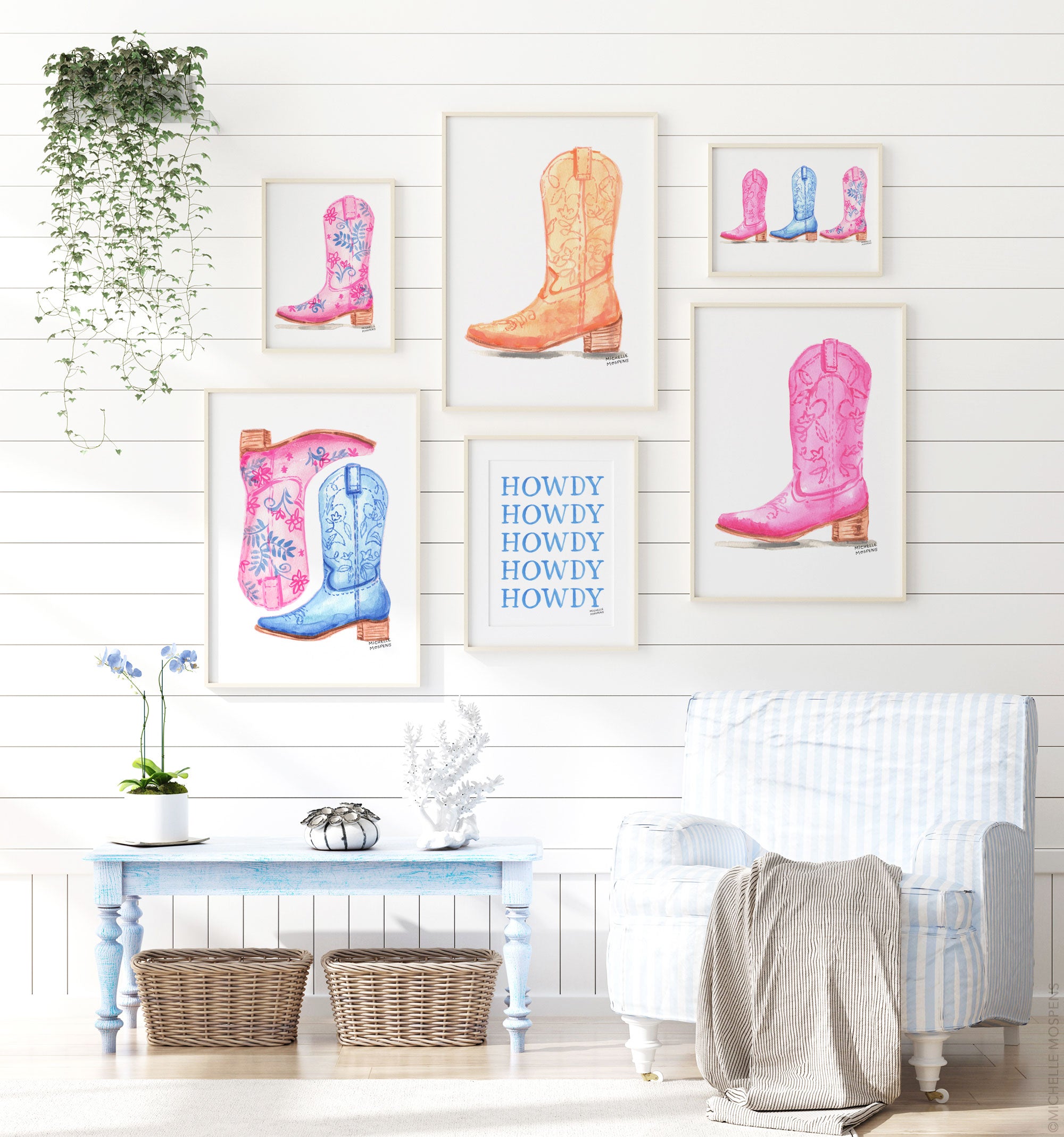 Cute Cowgirl Boots Art Print, Coastal Cowgirl Wall Art, Pink and Blue Denim Cowgirl Dorm Room Decor