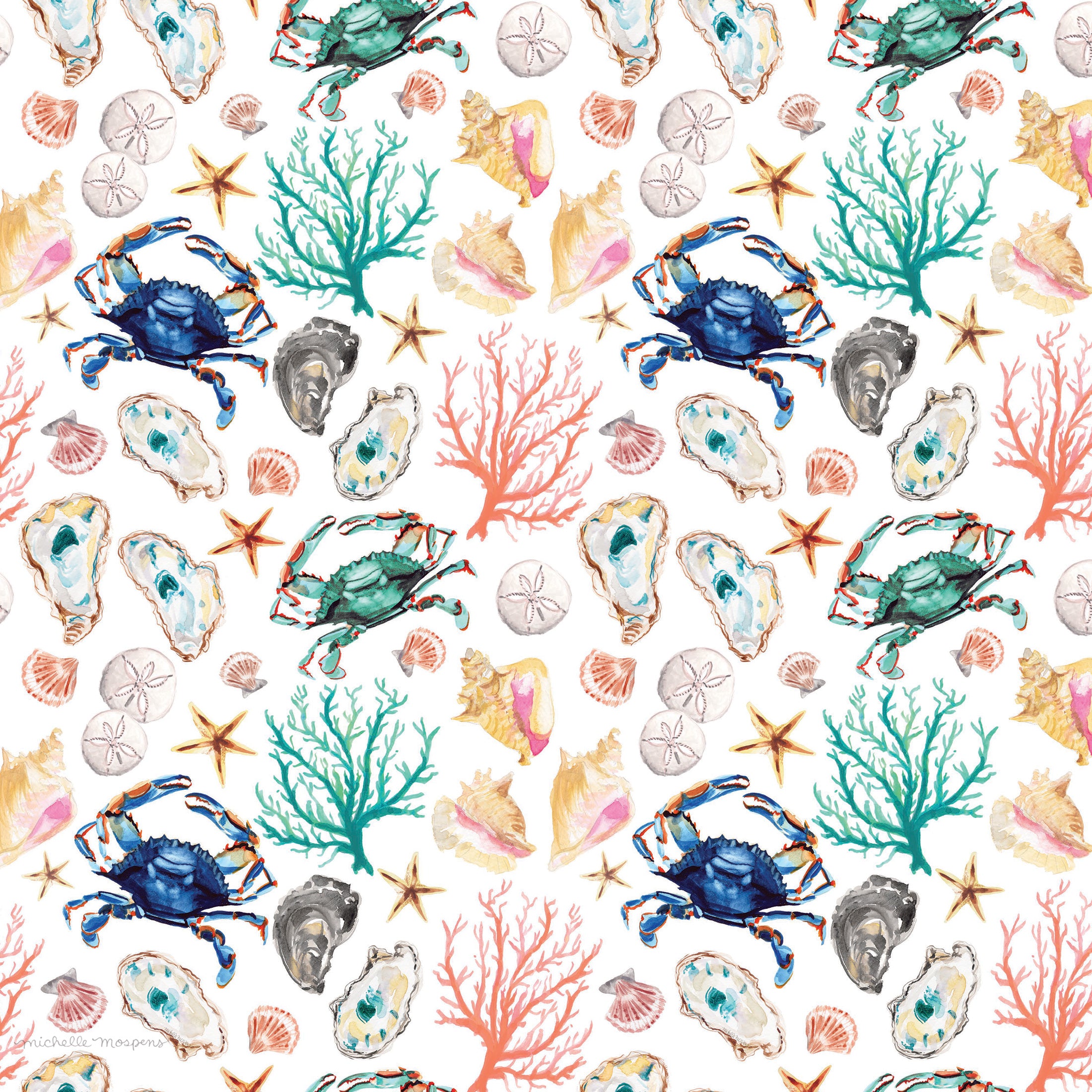 Watercolor Coastal Wrapping Paper by Michelle Mospens, Beach Shells Wrapping Paper, Holiday, Christmas, Birthday Gift Wrap