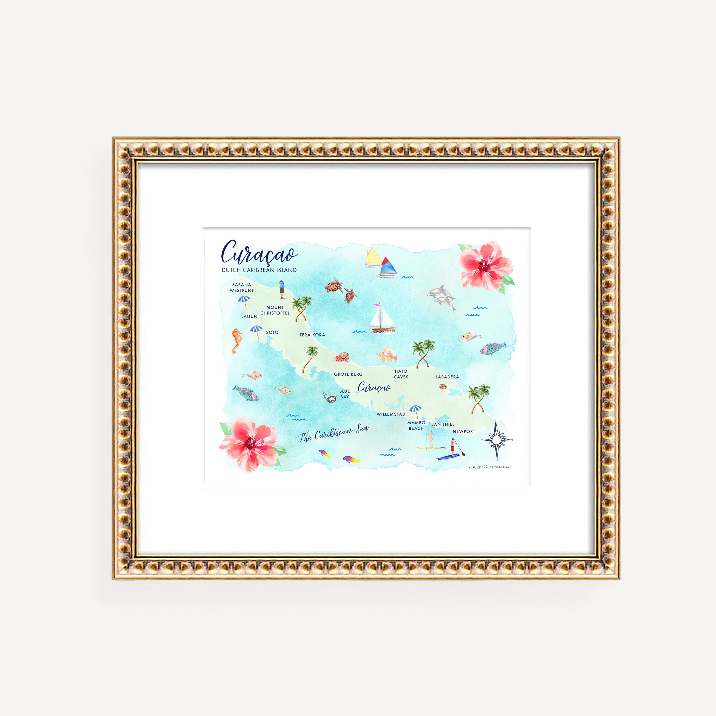 Watercolor Illustrated Curaçao Map Wall Art Print