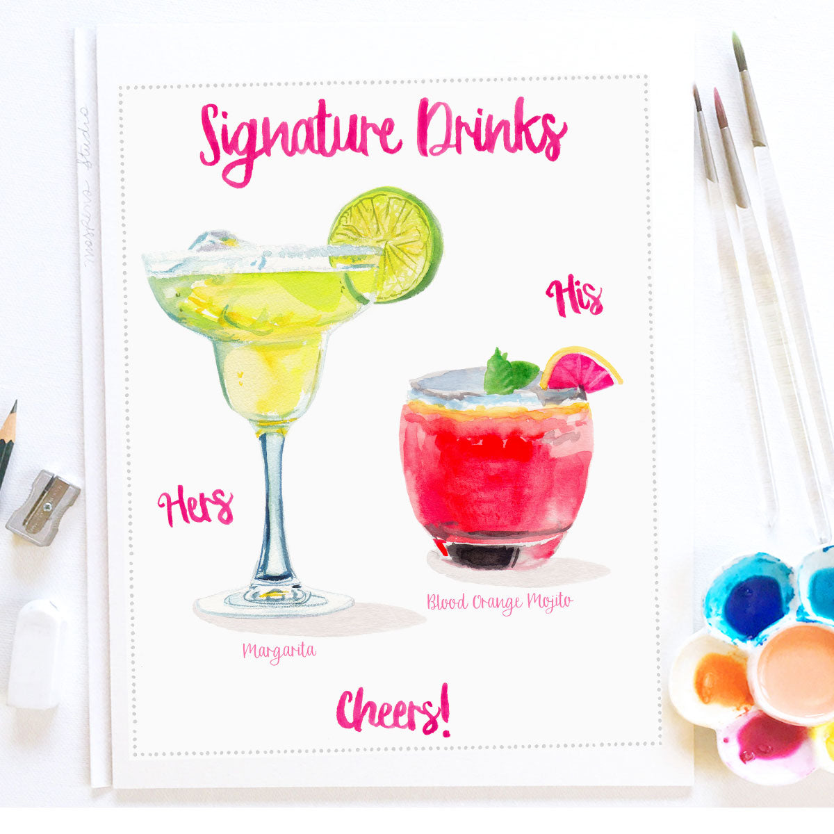 Custom Hand-painted Signature Drinks Illustration | Cocktail Sign for Home Bar or Wedding Reception