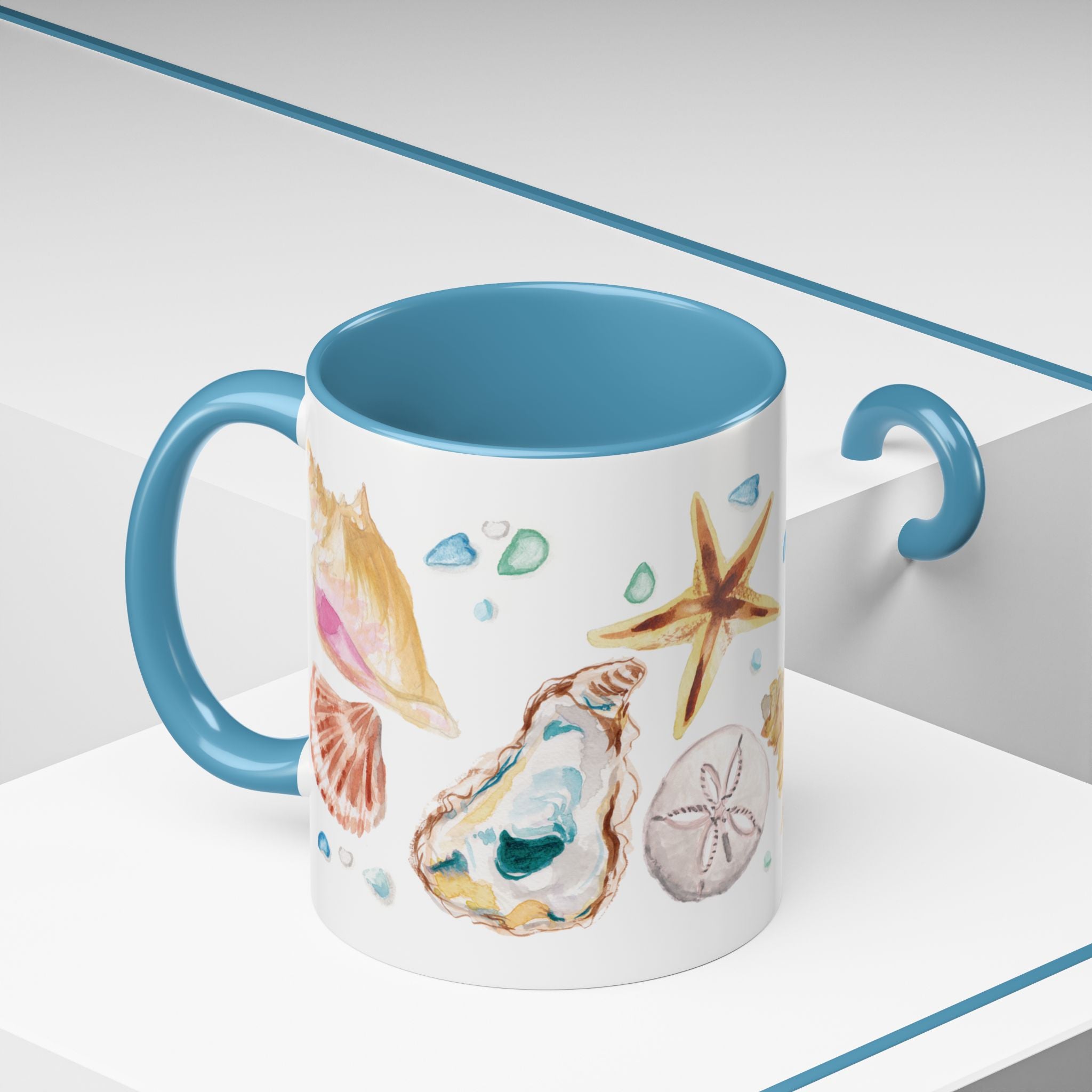 Michelle Mospens Watercolor Seashells and Seaglass Coffee Mug | Coastal Beach Lover Gift