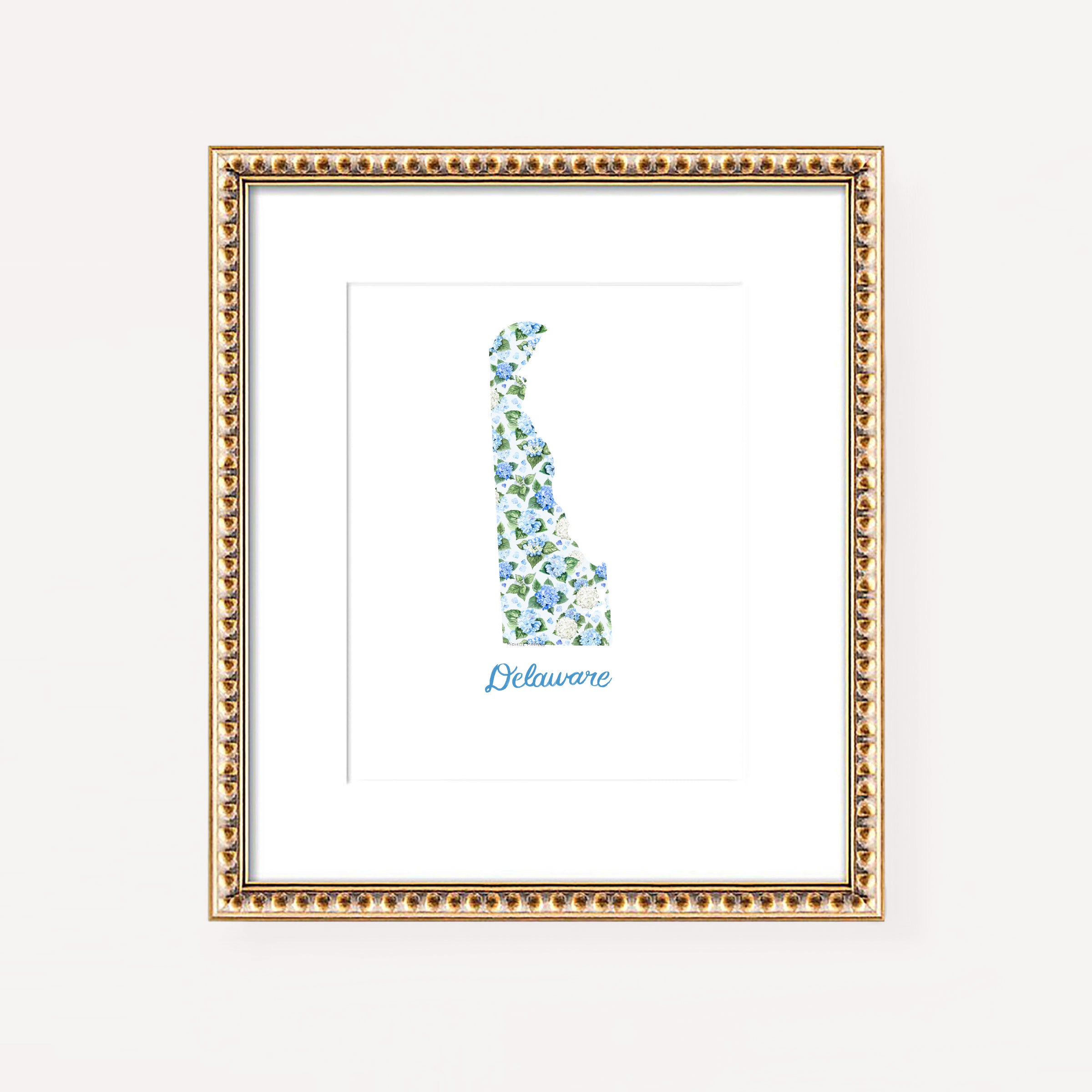 Watercolor hydrangea floral map of Delaware wall art print on a white coverstock, unframed, cute Delaware gift