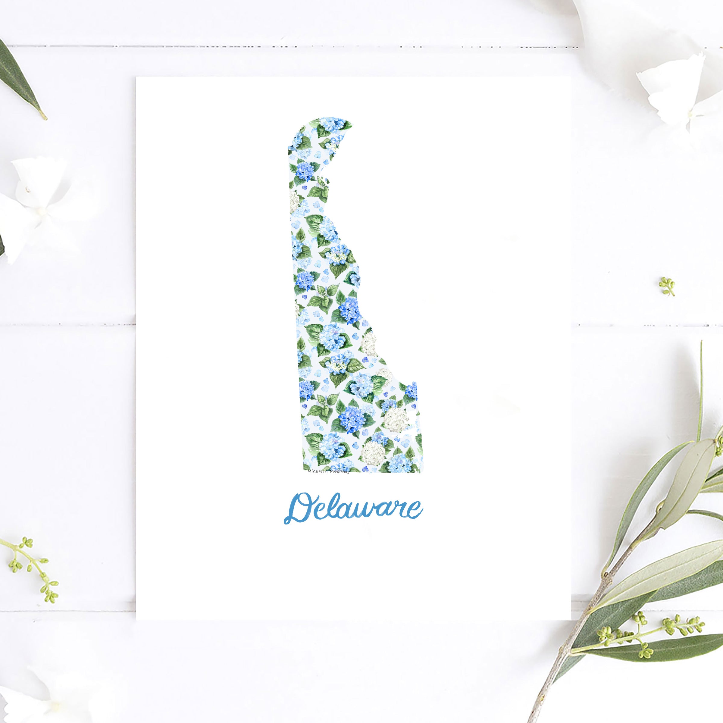 Watercolor hydrangea floral map of Delaware wall art print on a white coverstock, unframed, cute Delaware gift