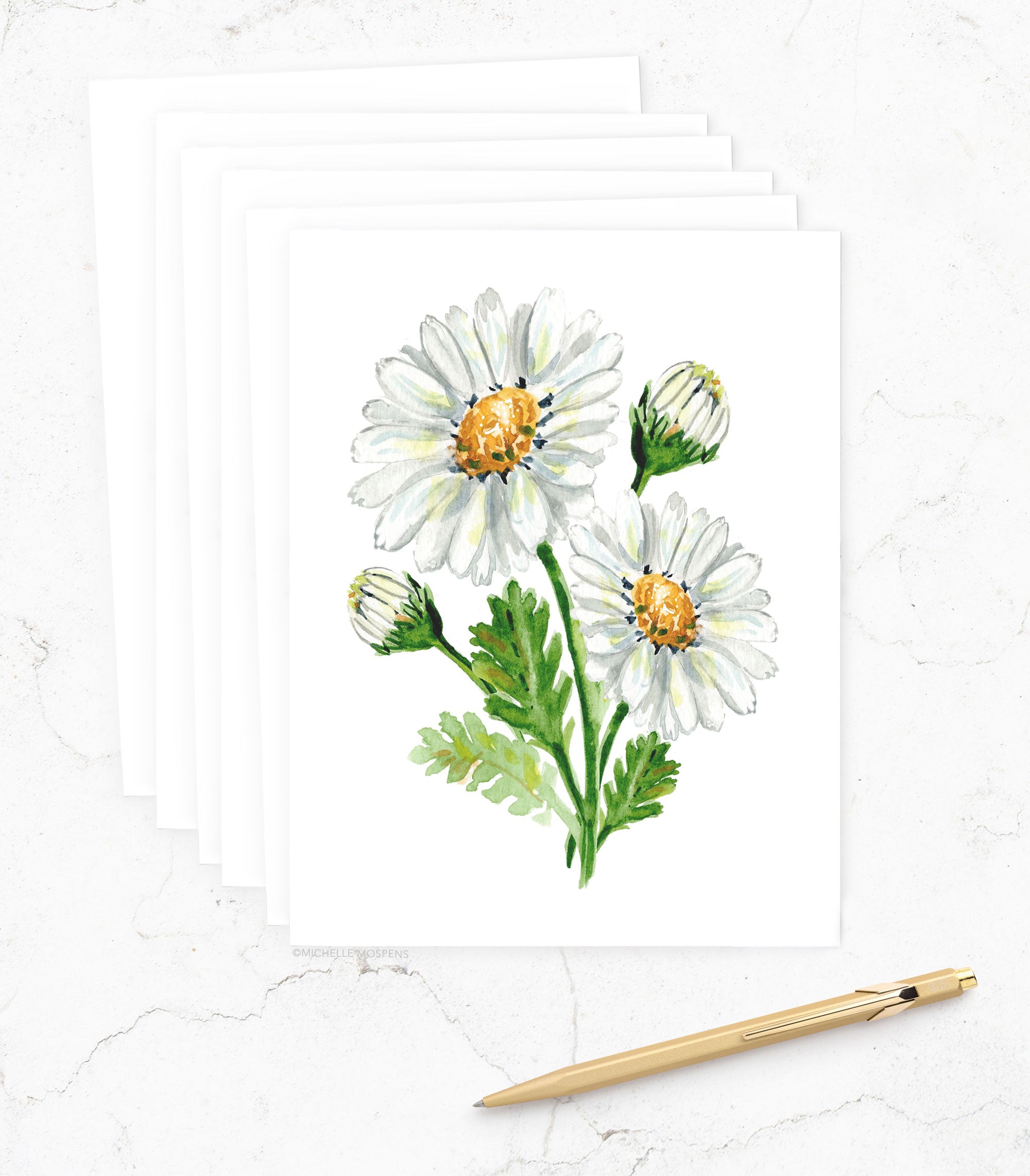 Botanical Watercolor Daisy Notecards, April Birth Flower Stationery | Michelle Mospens