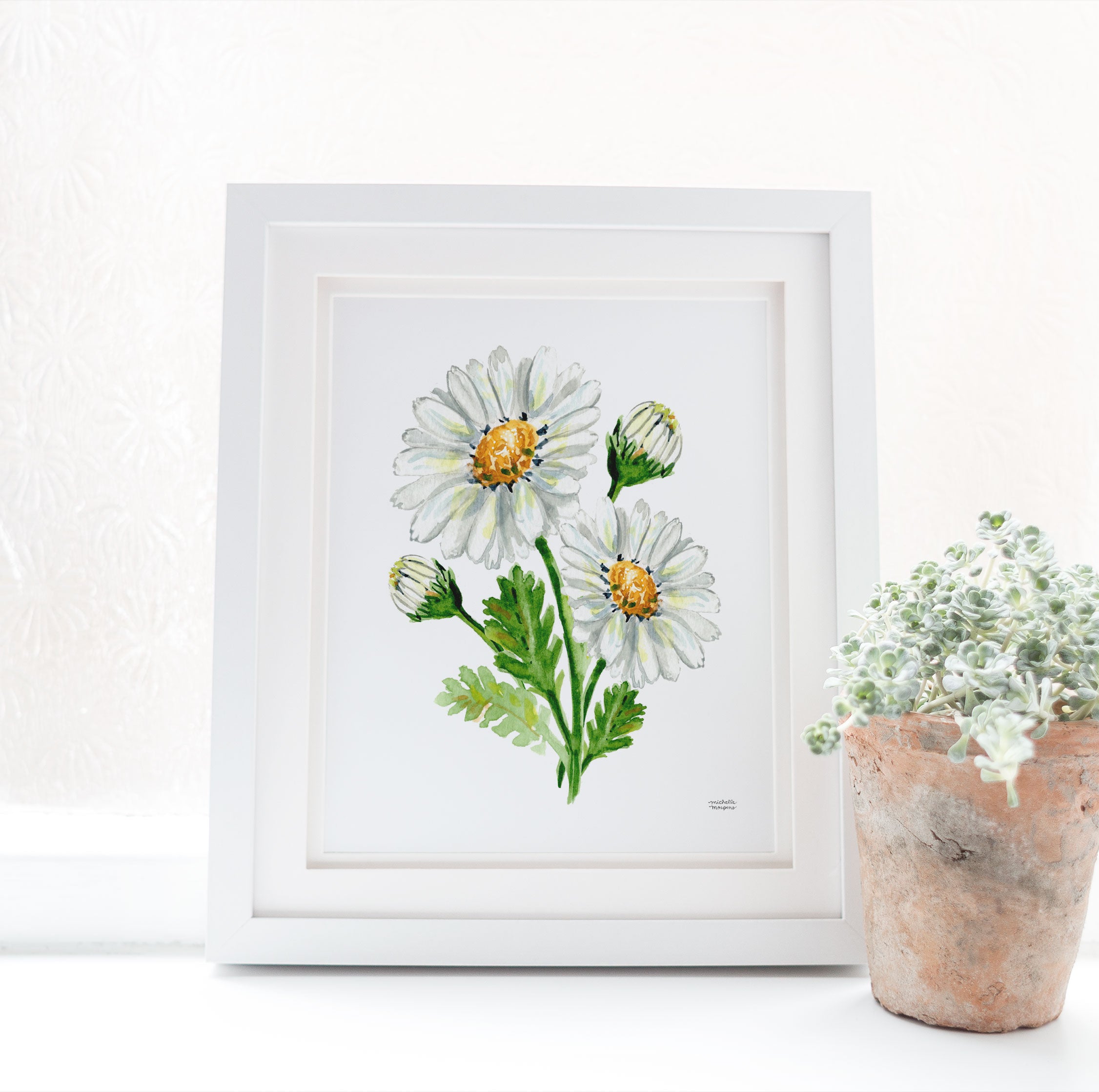 Daisy Flowers Botanical Floral Watercolor Wall Art Print by Michelle Mospens