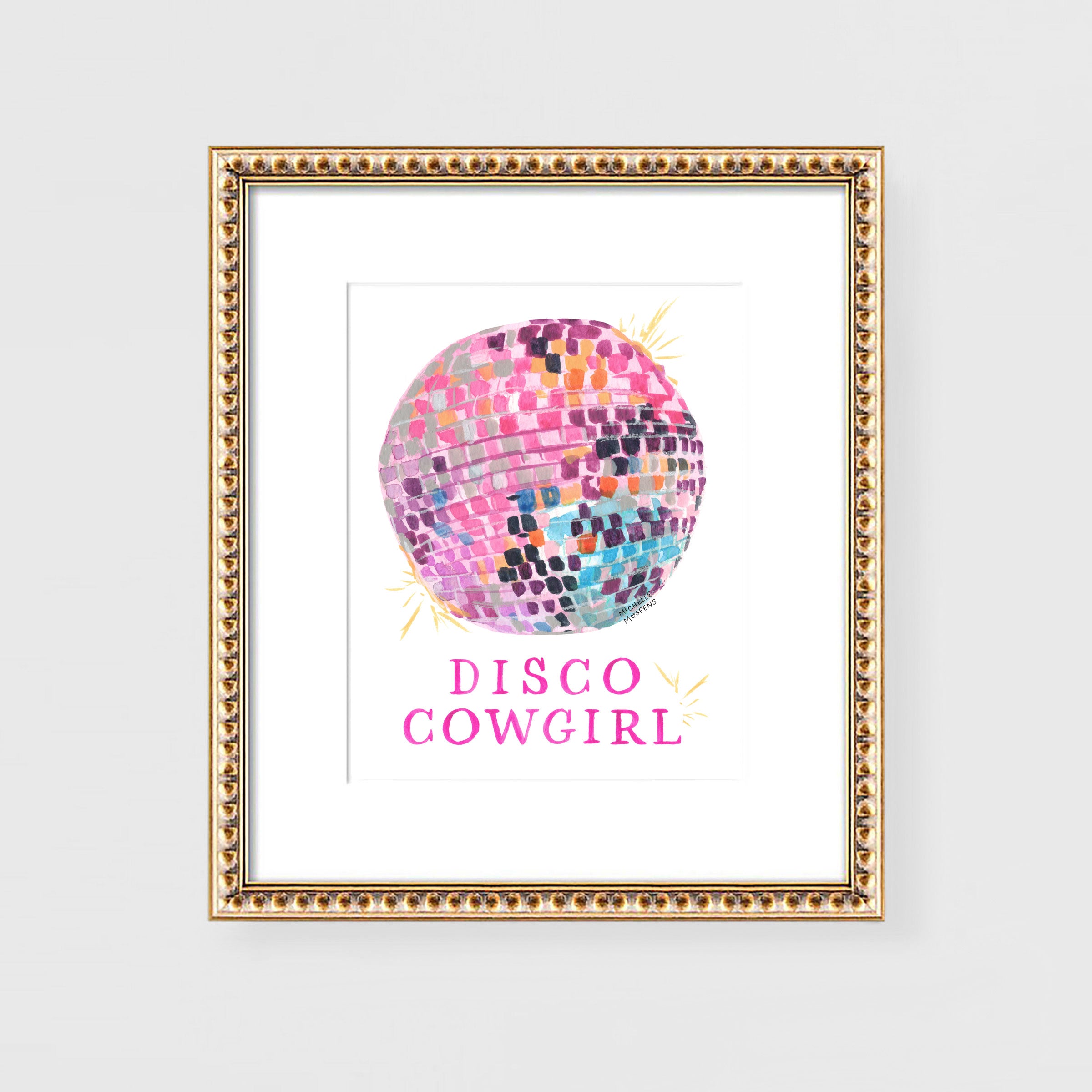 Cute Disco Cowgirl Art Print, Cowgirl Wall Art, Pink Disco Ball Cowgirl Dorm Room Decor