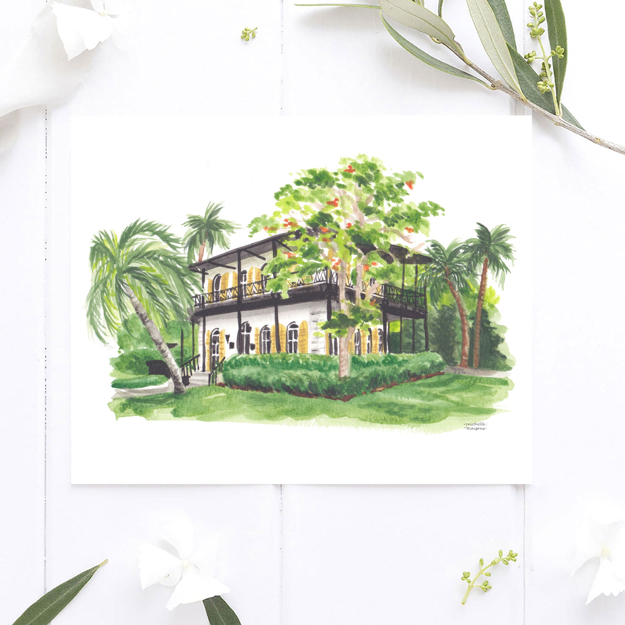 The Ernest Hemingway House & Museum Watercolor Wall Art Print by Michelle Mospens