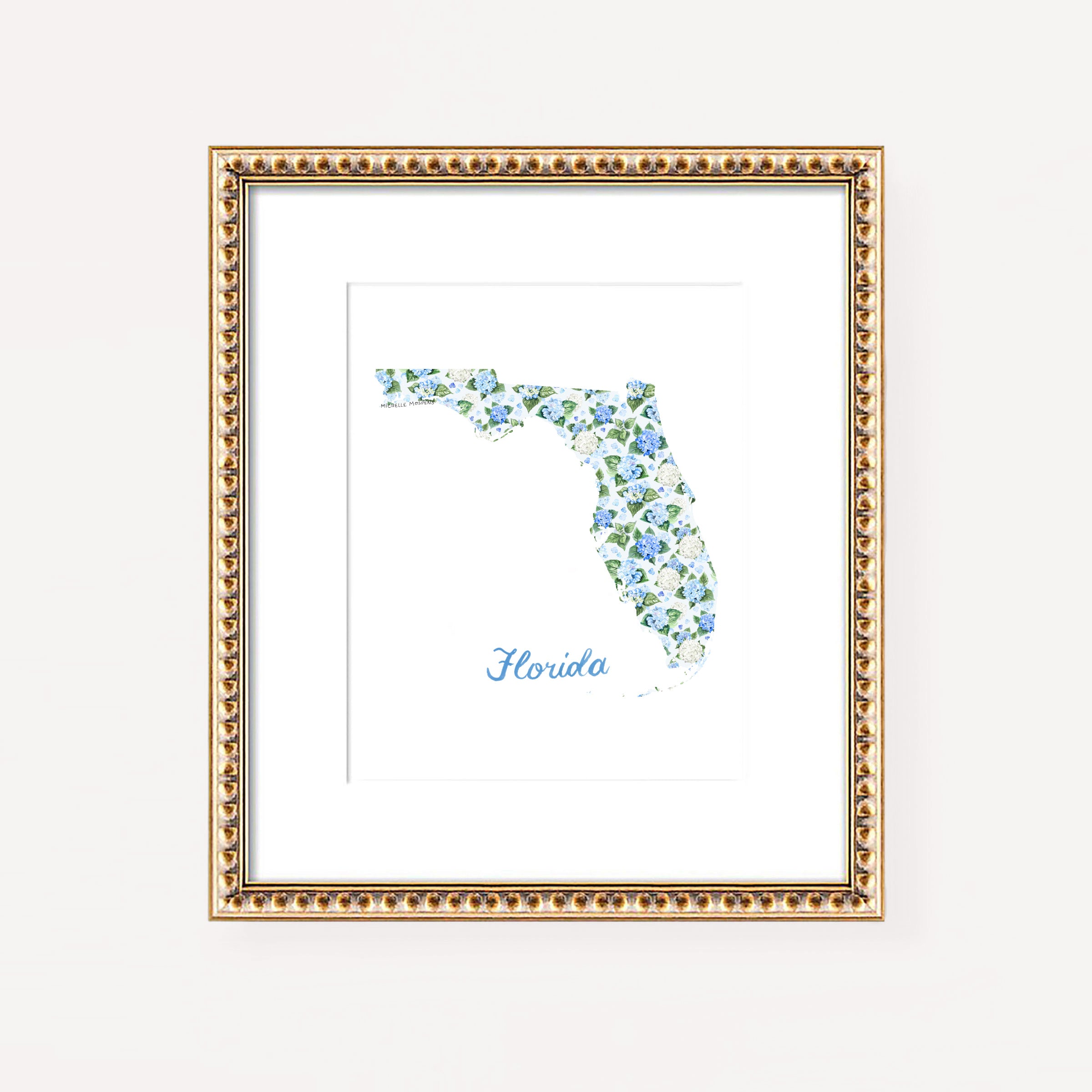 Watercolor hydrangea floral map of Florida wall art print on a white coverstock, unframed, cute Florida gift