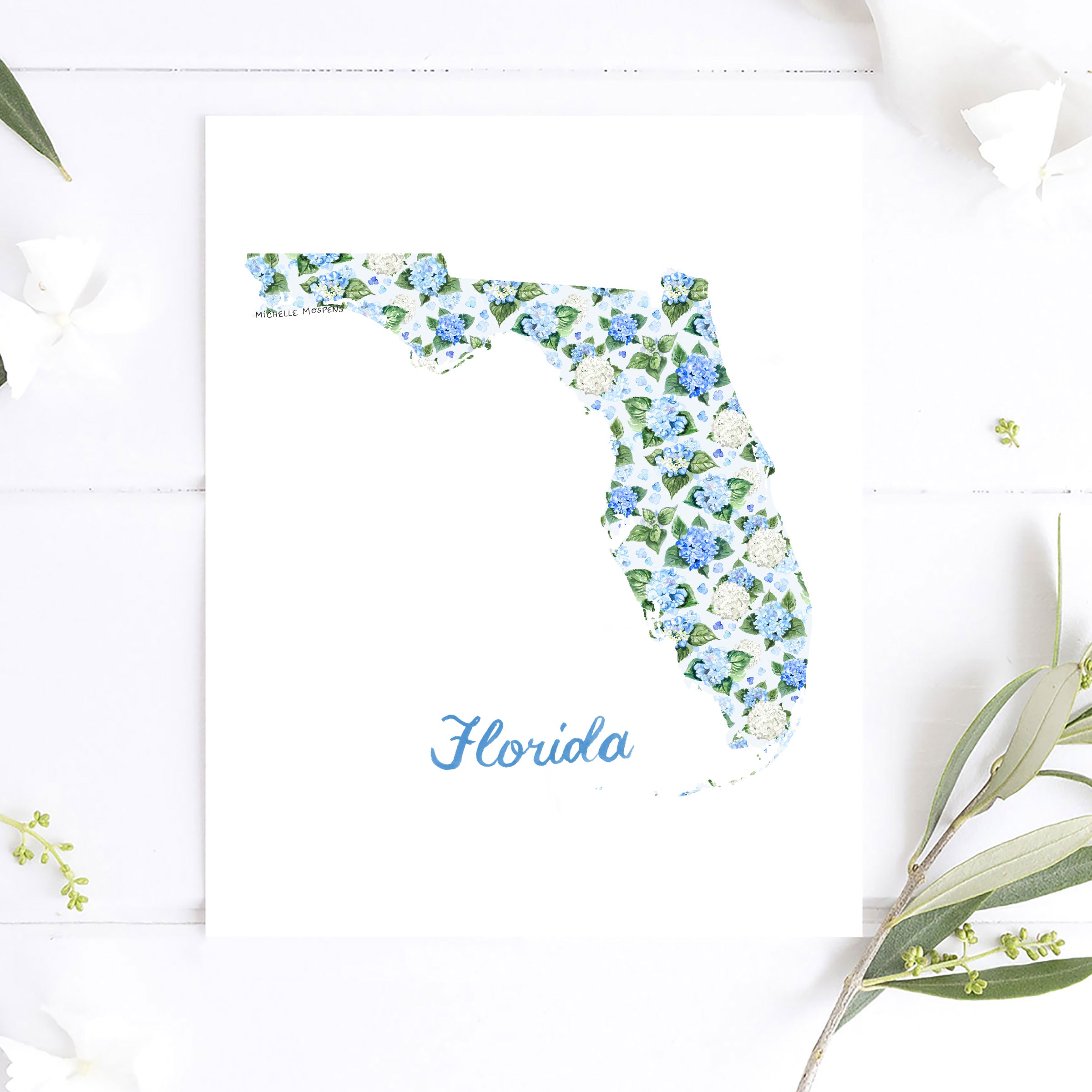 Watercolor hydrangea floral map of Florida wall art print on a white coverstock, unframed, cute Florida gift